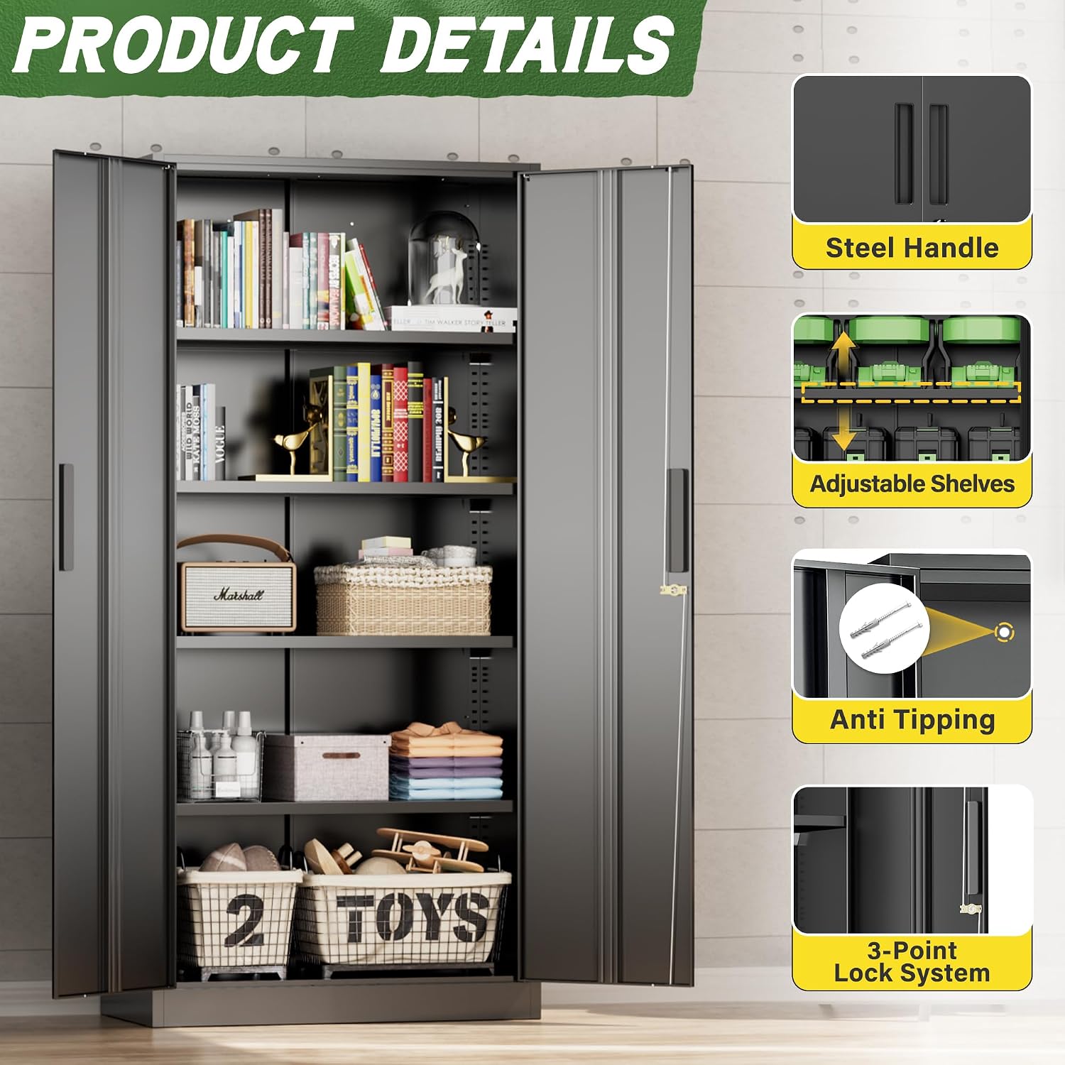 Greenvelly Metal Storage Cabinet, 72' Black Steel Garage Cabinet with Doors and Adjustable Shelves, Metal Cabinet with Lock,Garage Cabinets and Storage System for Garage,Home Office,School