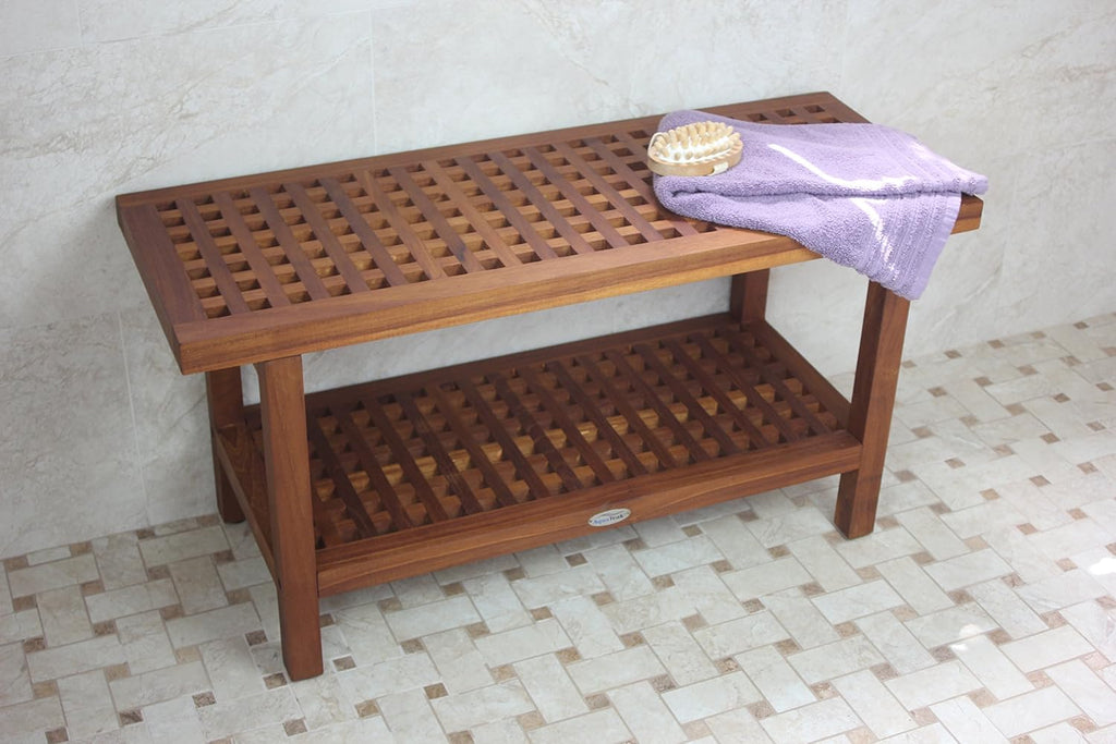 AquaTeak The Original 36' Grate Teak Shower Bench with Shelf Premium Teak Oil