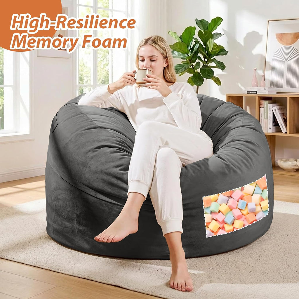 4FT Bean Bag Chair, Bean Bag Chairs for Adults and Kids, Fluffy and Comfy Bean Bag with Velvet Cover, Bean Bag with Memory Foam Filled for Gaming, Living Room, Playroom (Grey)