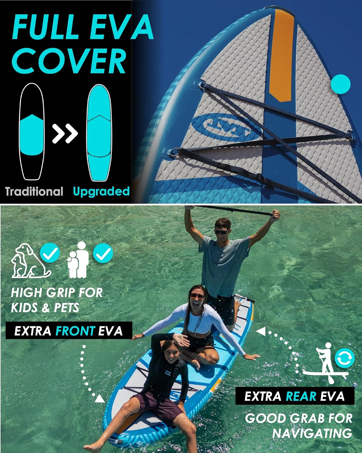 MOUSA 10'8/11'×35' Extra Wide Inflatable Stand Up Paddle Board, Stable Paddleboard SUP for 2 People/Family, Anti-Slip Full EVA Deck, 3 Handles, 100L Backpack, All-Round Sup Board, Big Fin