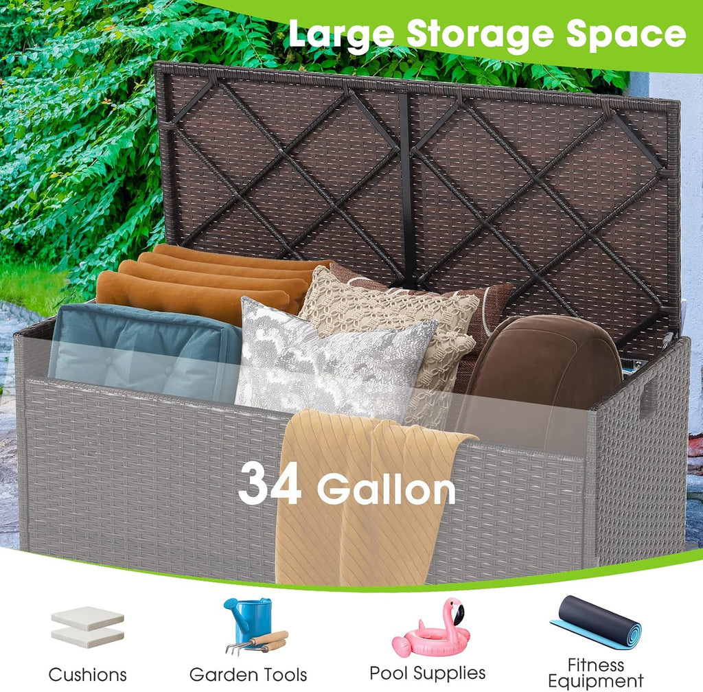 Tangkula 34 Gallon Outdoor Storage Bench with Seat Cushion, Patio Mix Brown Wicker Deck Box with Waterproof Liner and Side Handles, Outdoor Storage Bench for Cushions, Garden Tools, Pool Accessories