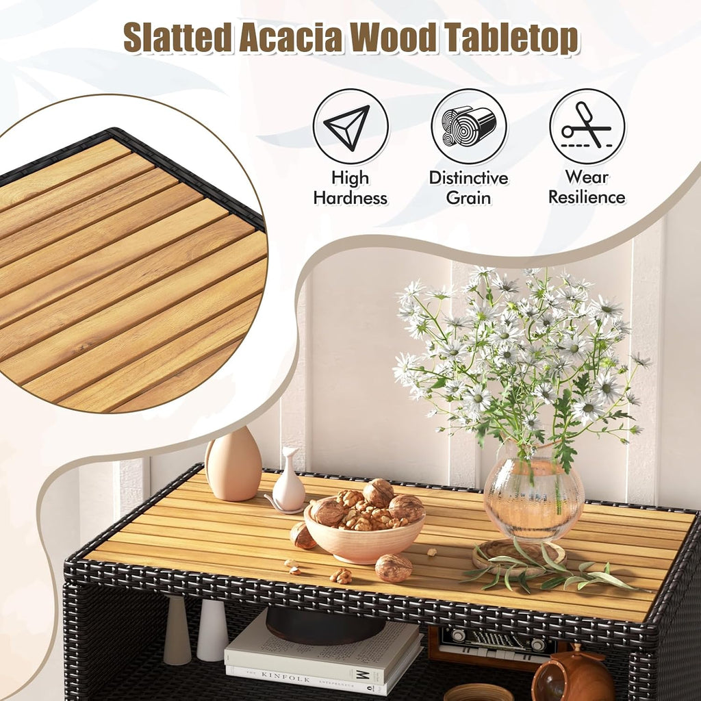 HAPPYGRILL Rattan Storage Cabinet, Patio Sideboard Buffet Cabinet with Acacia Wood Countertop, Open Shelf & 2 Door Cabinet, Wicker Storage Organizer for Garden Tools (Mixed Brown)