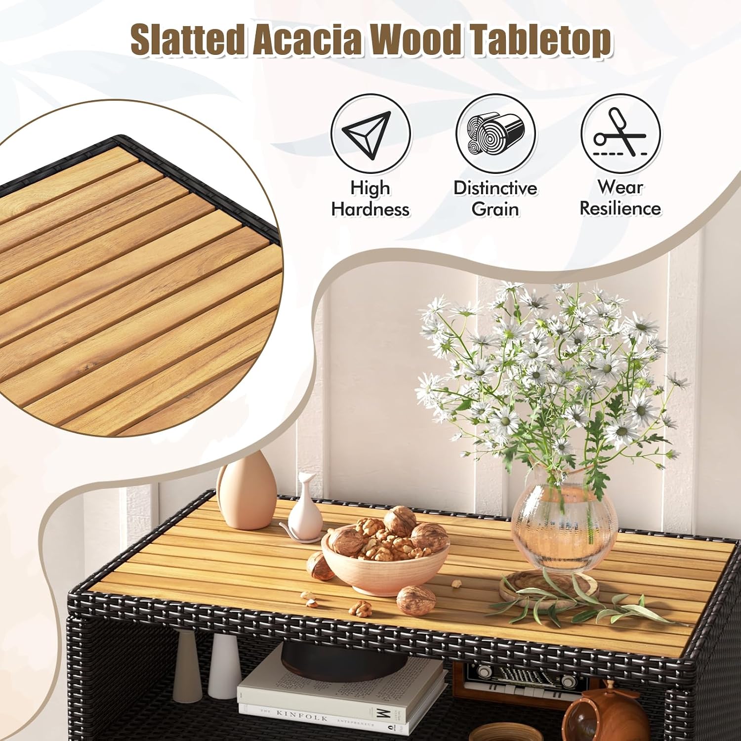 HAPPYGRILL Rattan Storage Cabinet, Patio Sideboard Buffet Cabinet with Acacia Wood Countertop, Open Shelf & 2 Door Cabinet, Wicker Storage Organizer for Garden Tools (Mixed Brown)