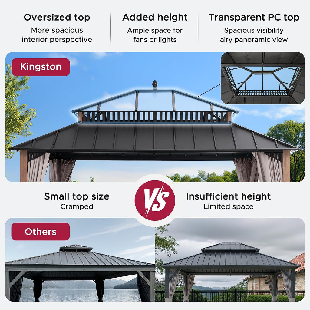 SUNJOY Kingston 14' x 12' Hardtop Gazebo with Galvanized Steel/Polycarbonate Double Roof, Curtain and Netting, Woodgrain Finish Aluminum Posts Permanent Pavilion Gazebo for Garden, Patio, Deck, Lawn