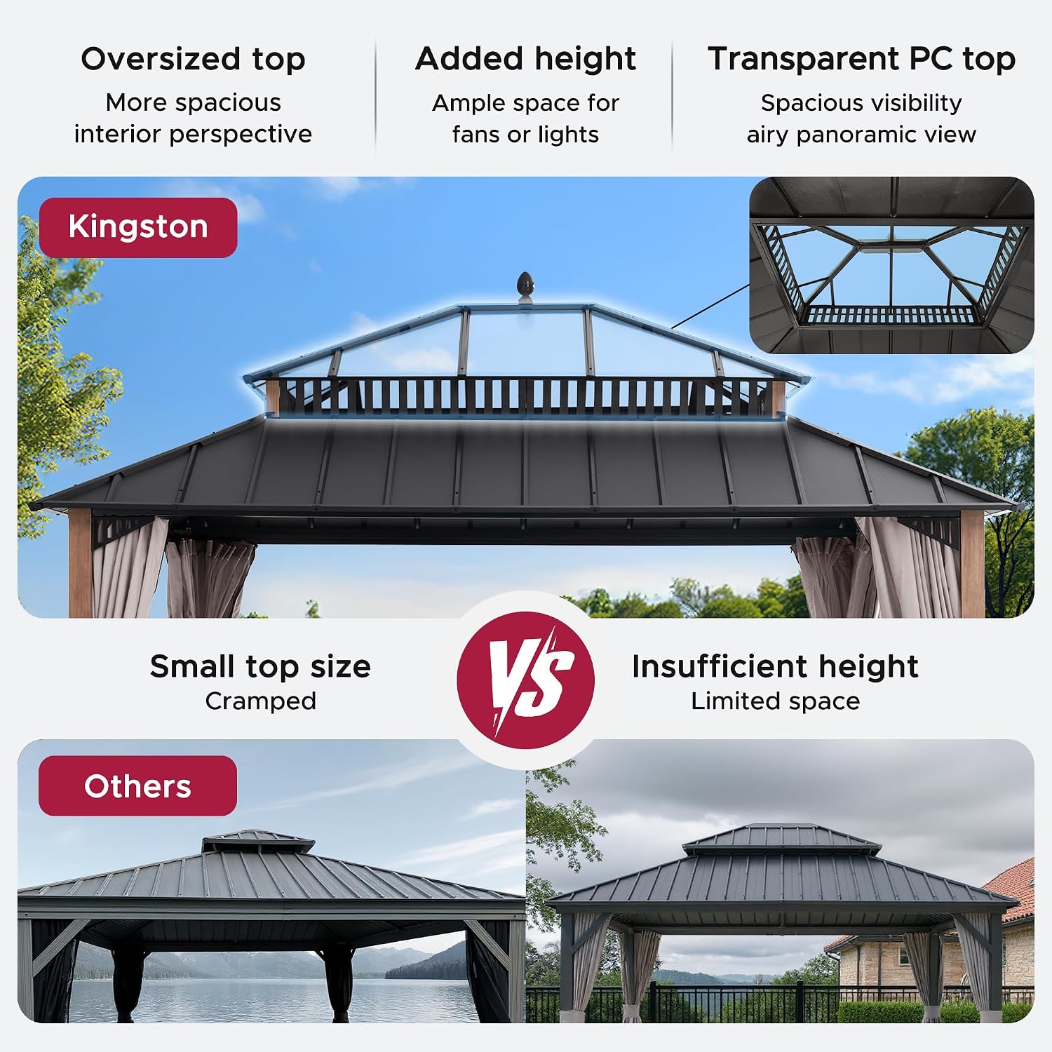 SUNJOY Kingston 14' x 12' Hardtop Gazebo with Galvanized Steel/Polycarbonate Double Roof, Curtain and Netting, Woodgrain Finish Aluminum Posts Permanent Pavilion Gazebo for Garden, Patio, Deck, Lawn