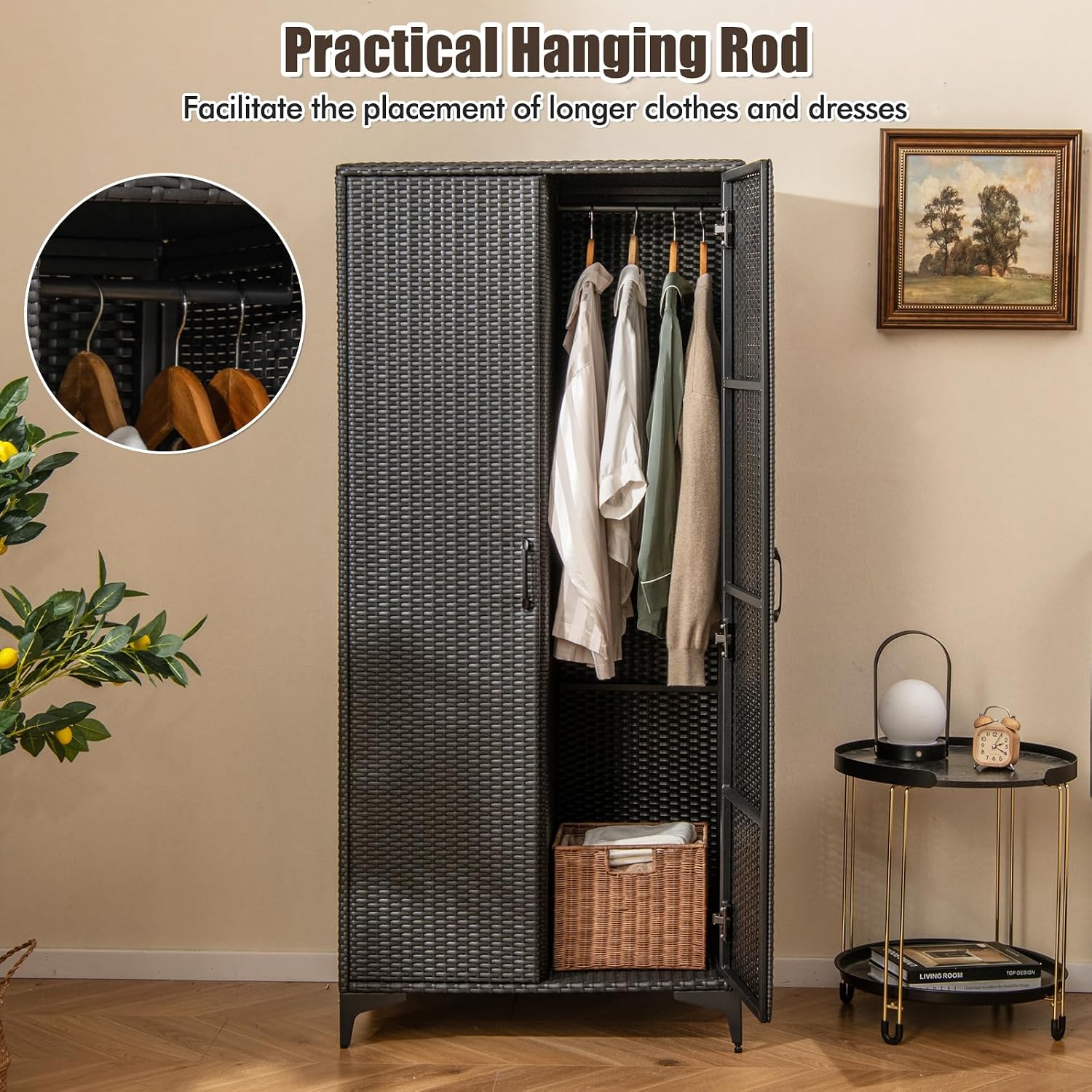 Giantex Wicker Storage Cabinet, 62' Tall Pantry Cabinet with 2 Doors, Hanging Rod, 4 Storage Cubes, Metal Legs, Anti-Tipping Device, PE Rattan Storage Cabinet for Home Office, Garage Cabinets (Black)