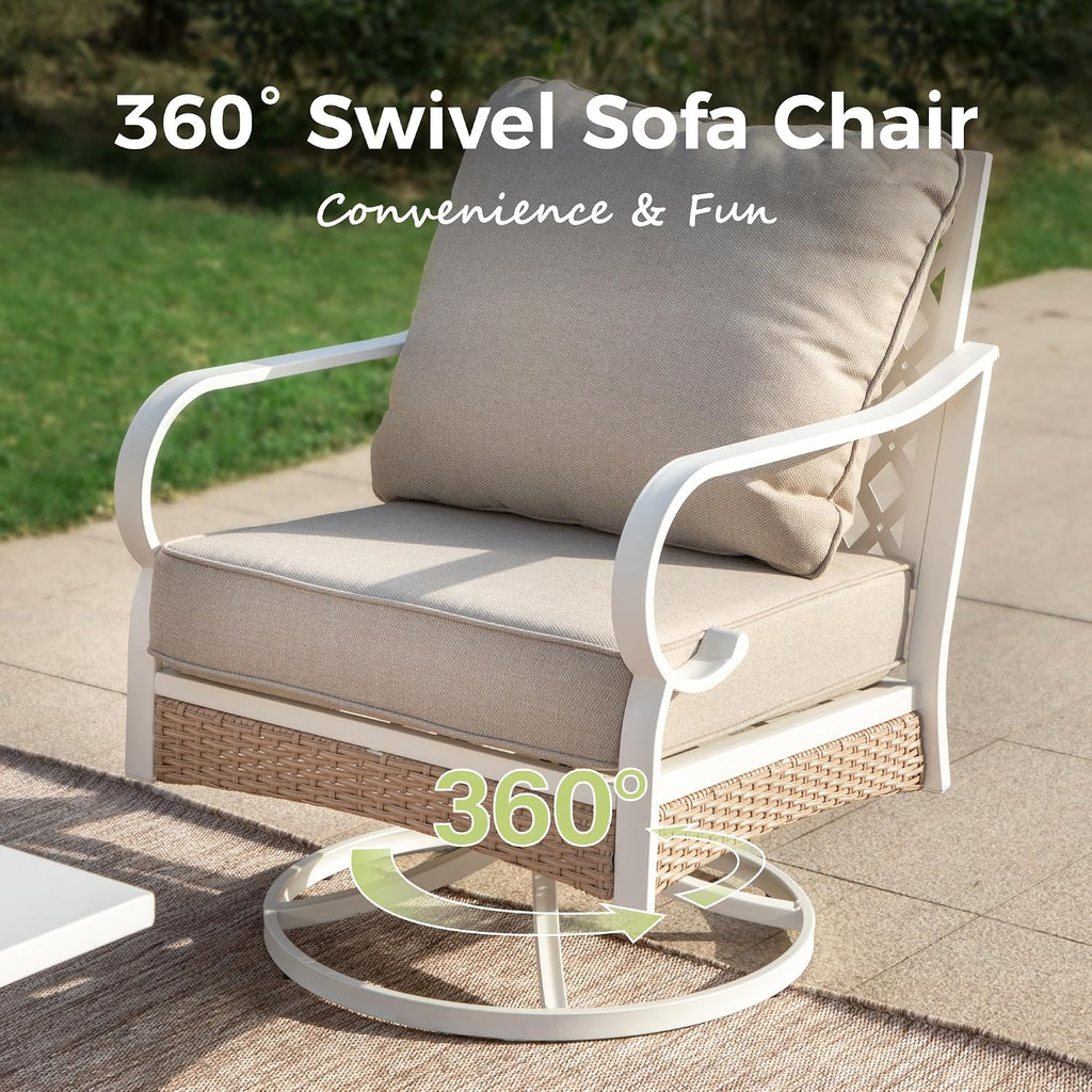MIXPATIO 4 Piece Patio Furniture Set, 2 x Swivel Chair, 1 x 3-Seat Sofa with Marbling Coffee Table, All Cushioned 5 Seats Outdoor Conversation Set for Lawn Garden Backyard, Beige