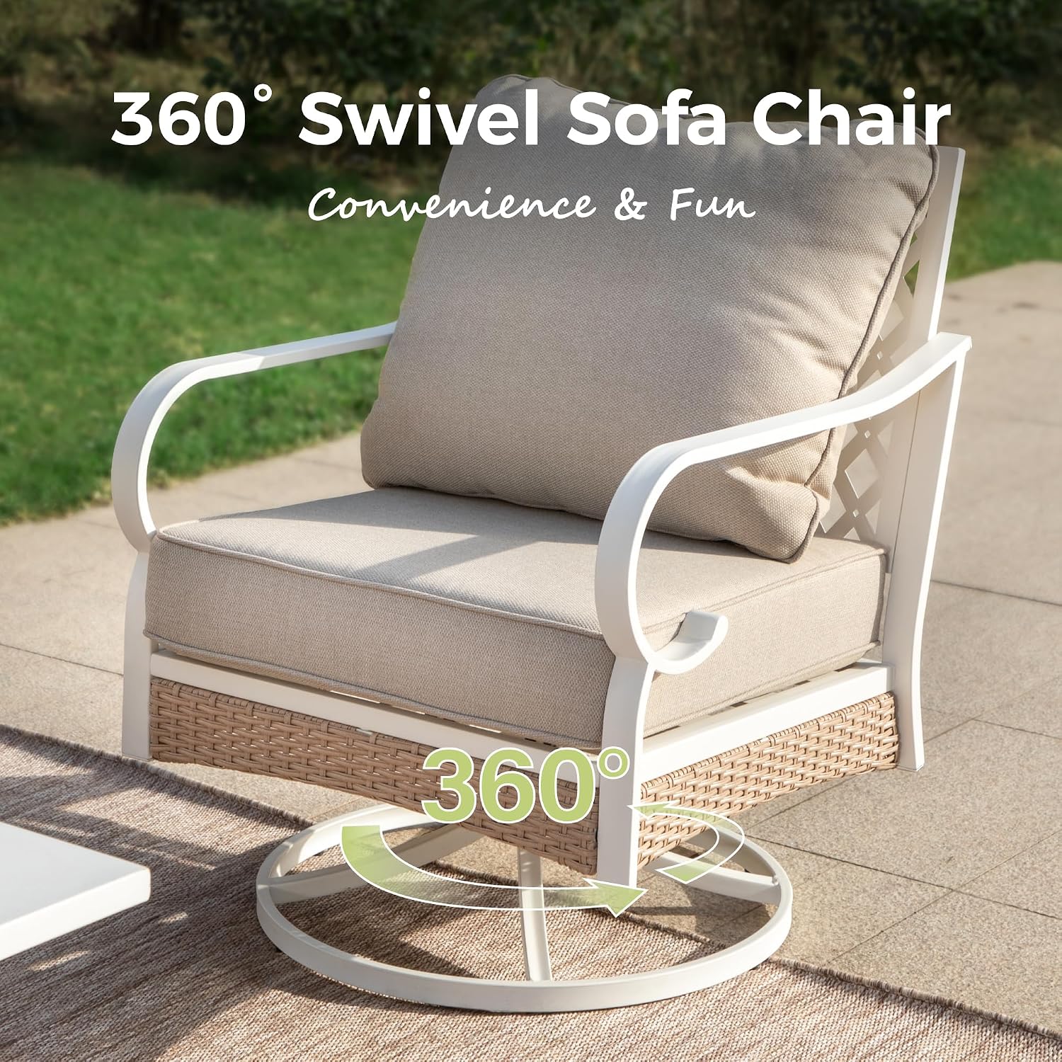 MIXPATIO 4 Piece Patio Furniture Set, 2 x Swivel Chair, 1 x 3-Seat Sofa with Marbling Coffee Table, All Cushioned 5 Seats Outdoor Conversation Set for Lawn Garden Backyard, Beige