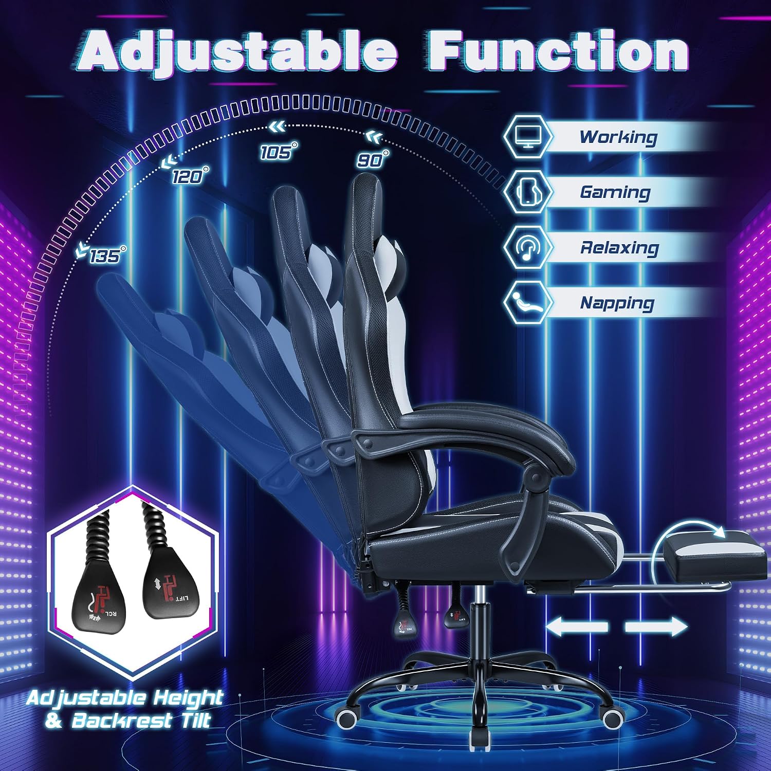 Shahoo Gaming Chair with LED Lights, Footrest and Massage Lumbar Support, Ergonomic Computer Seat Height Adjustable with 360°Swivel and Headrest, White with RGB