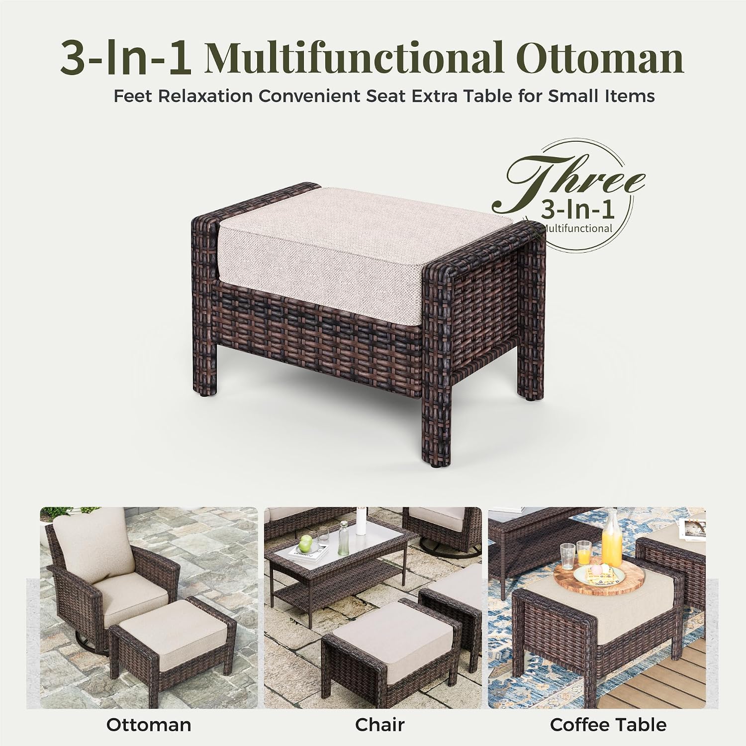 MIXPATIO 5-Piece Wicker Patio Furniture Set with Swivel Chairs, High Back Outdoor Furniture with 5.5-inch Thick Cushion and Ottoman, All-Weather Wicker Patio Conversation Set for Deck Yard Pool, Beige