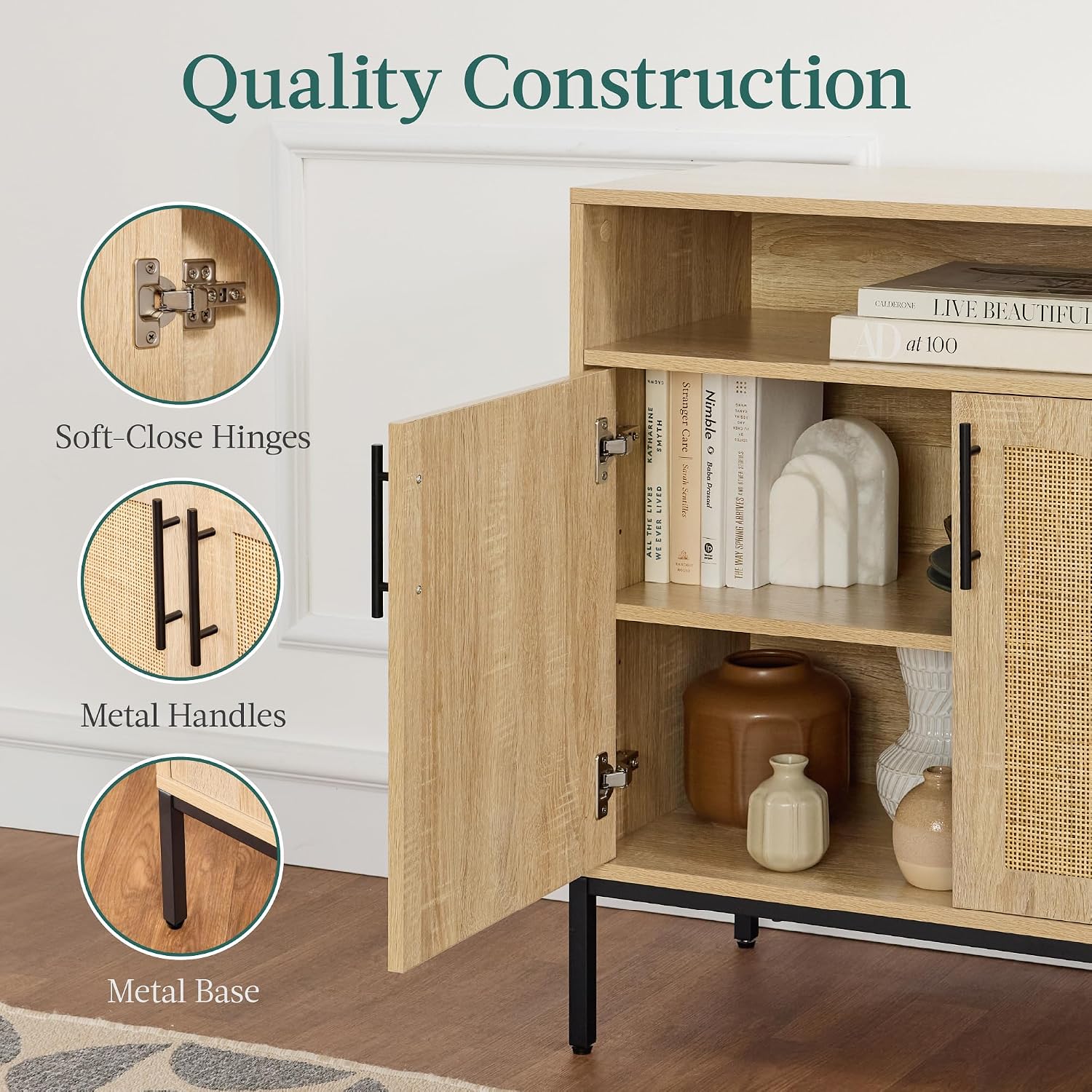 Best Choice Products Rattan Sideboard Buffet Cabinet, Entryway Table, Accent Storage Cabinet, Console Table for Hallway, Living Room, Dining Room - Natural