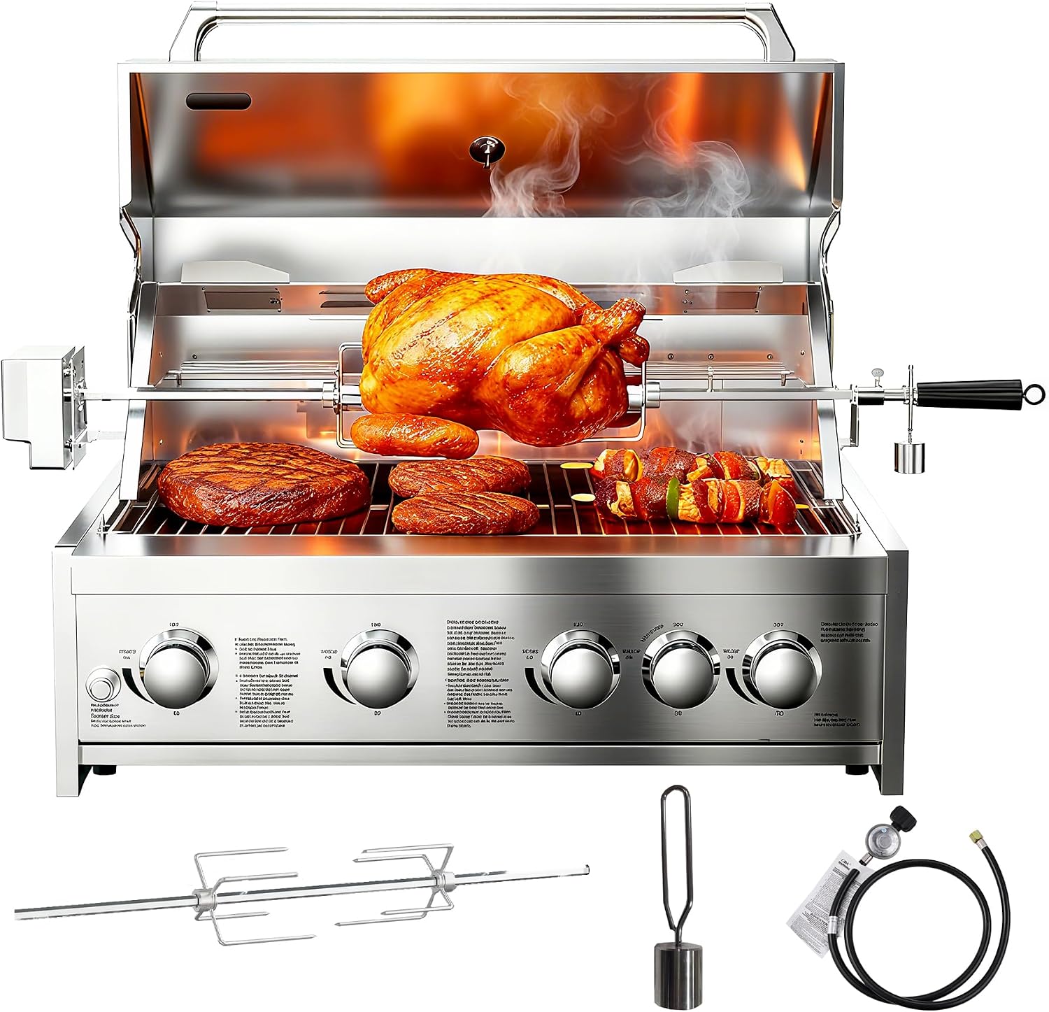 BODEGA 30 Inch Propane Gas Grill, 4x12000-BTU Gas Grill & 1x10000-Infrared Back Burner, Stainless Steel 5-Burner Propane Grill for Outdoor Kitchen, Rotisserie Chicken Fork Kit | Backyard BBQ, Camping.