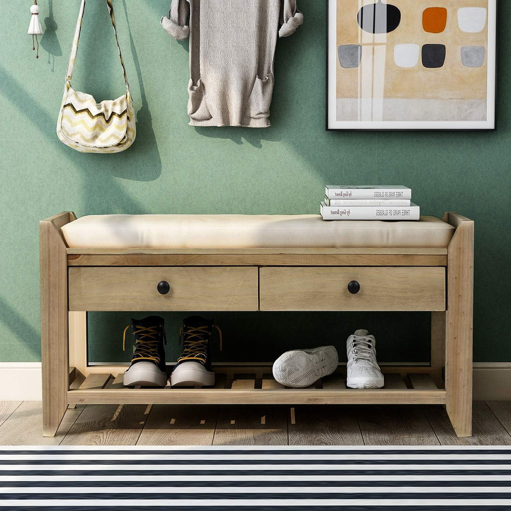 Harper & Bright Designs TREXM Shoe Rack with Cushioned Seat and Drawers, Multipurpose Entryway Storage Bench (Gray Wash)