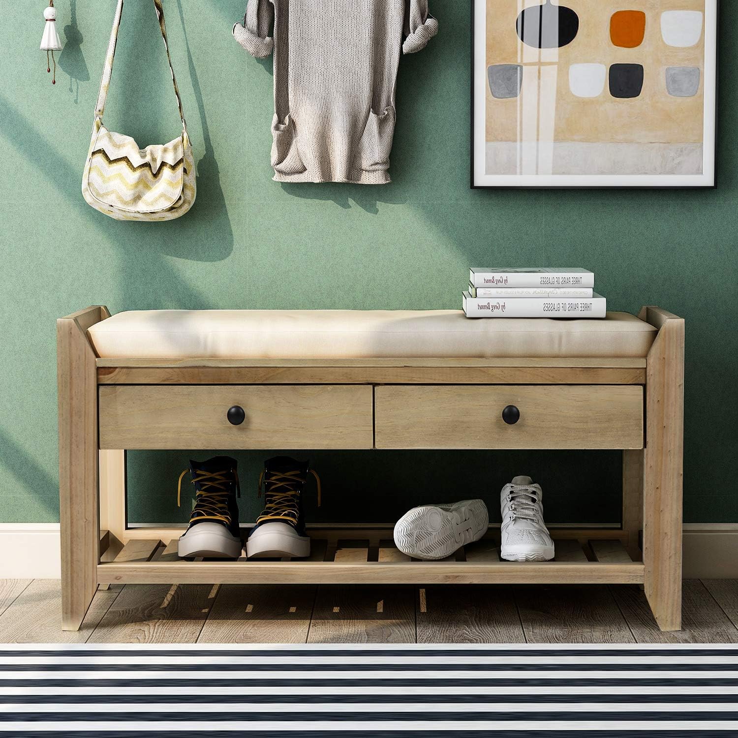 Harper & Bright Designs TREXM Shoe Rack with Cushioned Seat and Drawers, Multipurpose Entryway Storage Bench (Gray Wash)