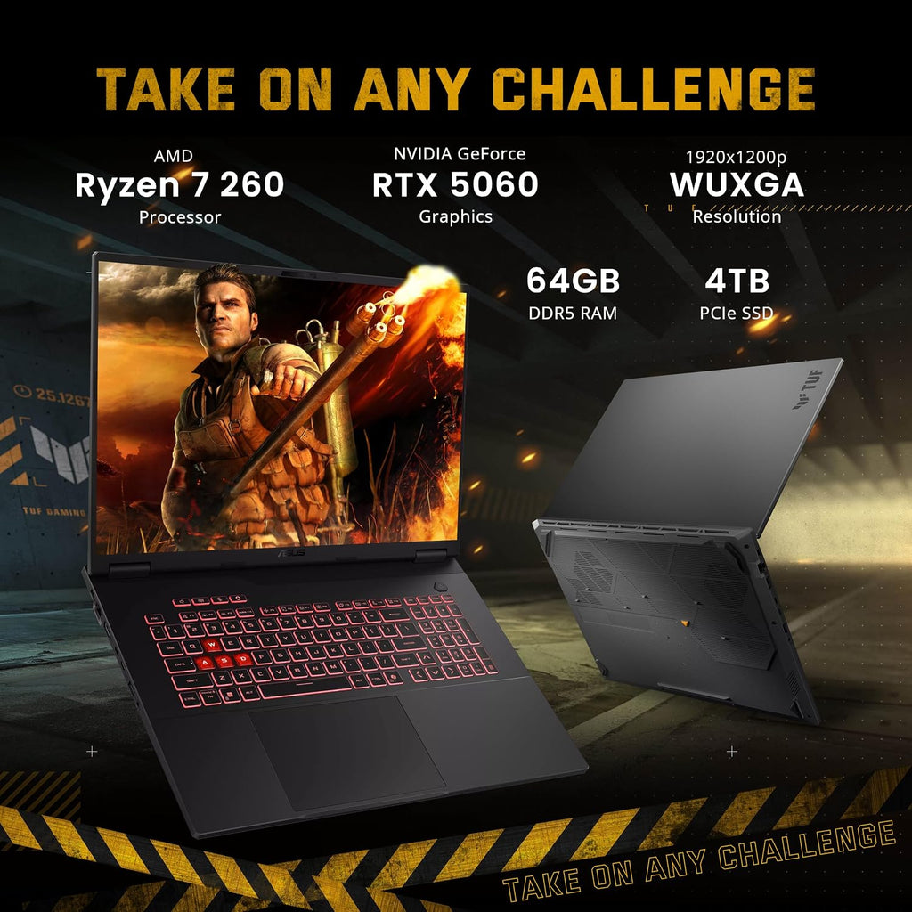 ASUS TUF A18 Gaming Laptop, 18' WUXGA 144Hz Display, AMD Ryzen 7 260, NVIDIA GeForce RTX 5060 8GB GDDR7, 64GB DDR5, 4TB SSD, Backlit Keyboard, FHD IR Camera, Win 11 Pro, Gray, 1TB Docking Station Set