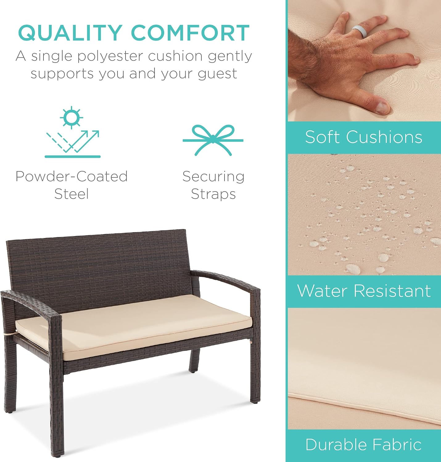 Best Choice Products Outdoor Bench 2-Person Wicker Garden Patio Benches Seating Furniture for Backyard, Porch w/Seat Cushion, 700lb Capacity - Brown/Tan