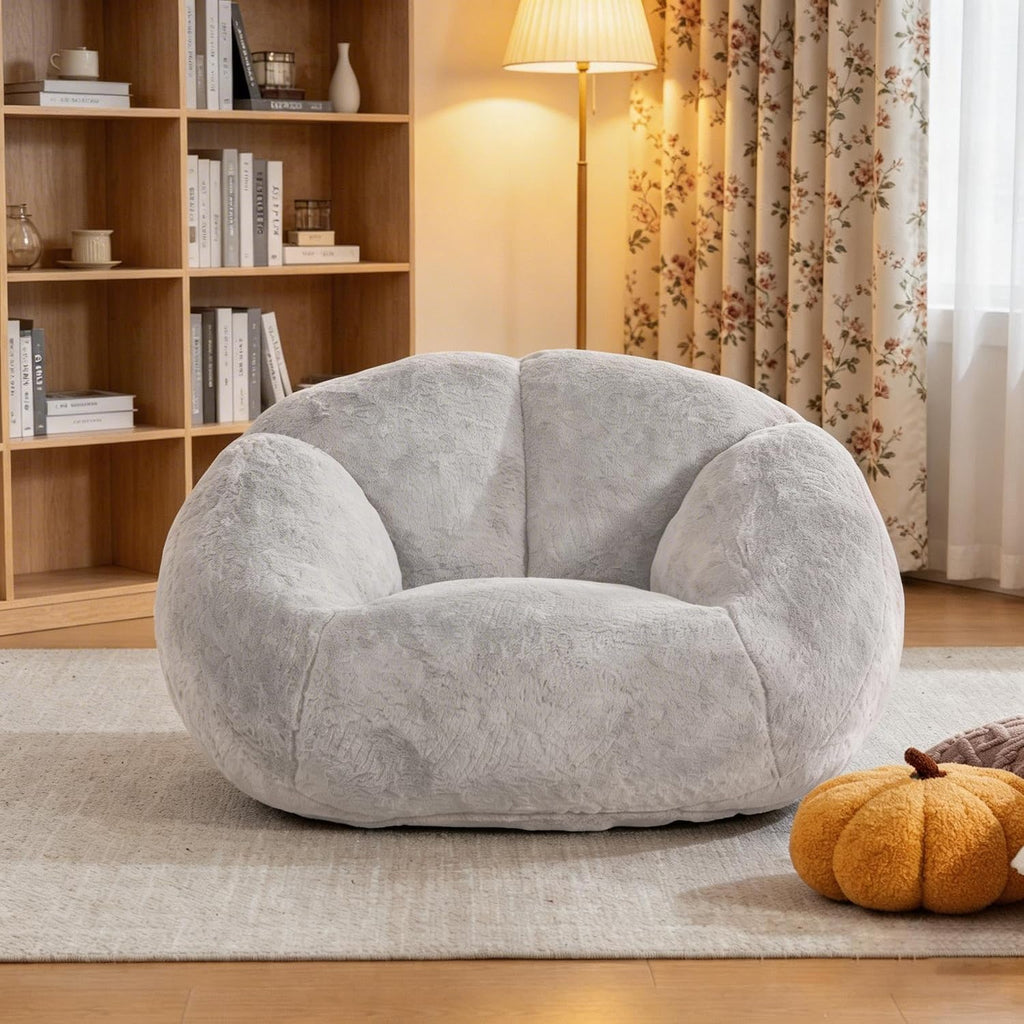 3.28 Feet Bean Bag Chair for Adults, Shell-Shaped Bean Bag Lazy Couch, Faux Fur Cloud Sofa Chair, Lounge Floor Sofa with Filler for Reading, Gaming & Watching, No Assembly Required (Light Grey)