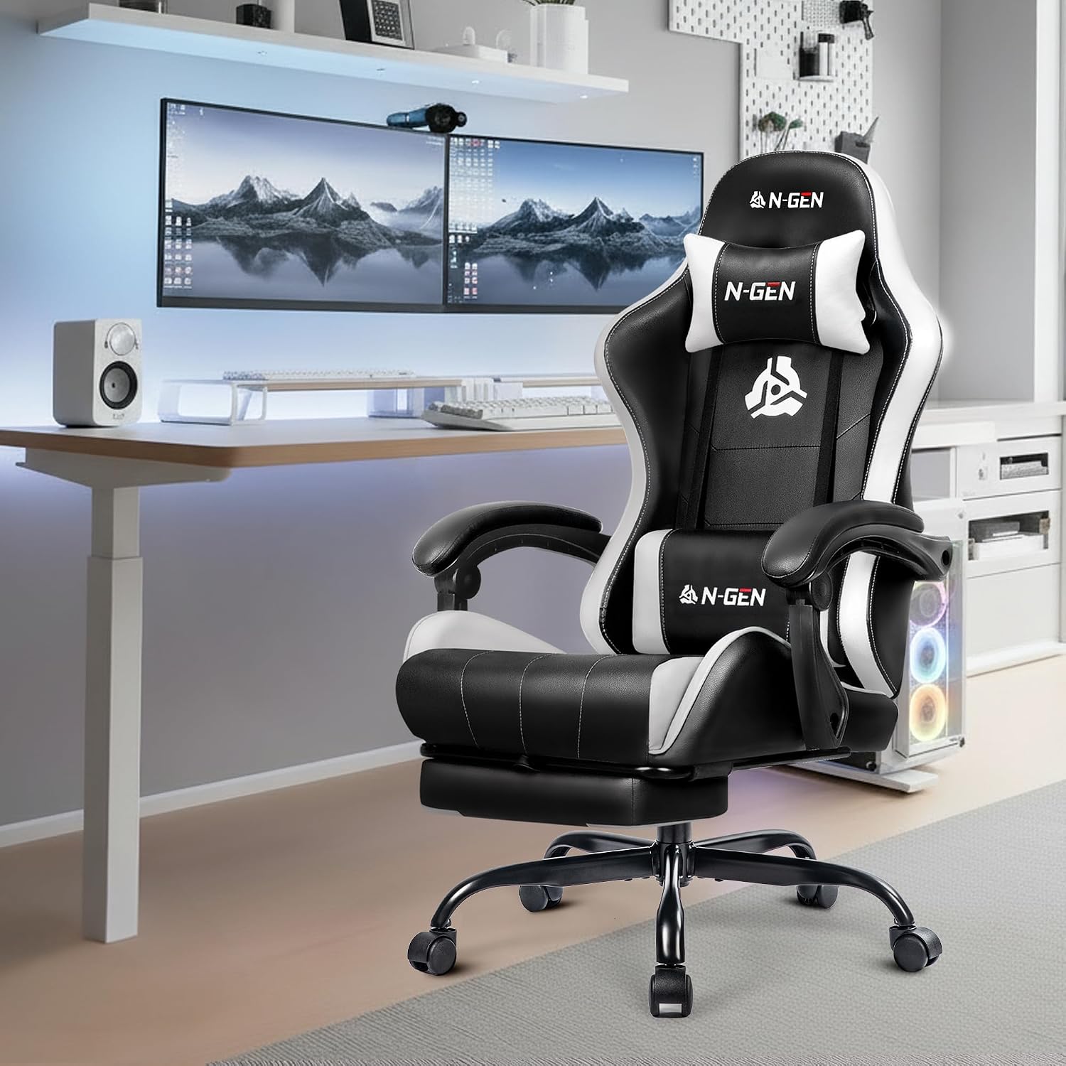 N-GEN GAMING Video Gaming Chair with Footrest Lumbar Support for Home Office High Back Recliner Height Adjustable Ergonomic Comfy Leather Computer Desk Chair (Leather White)