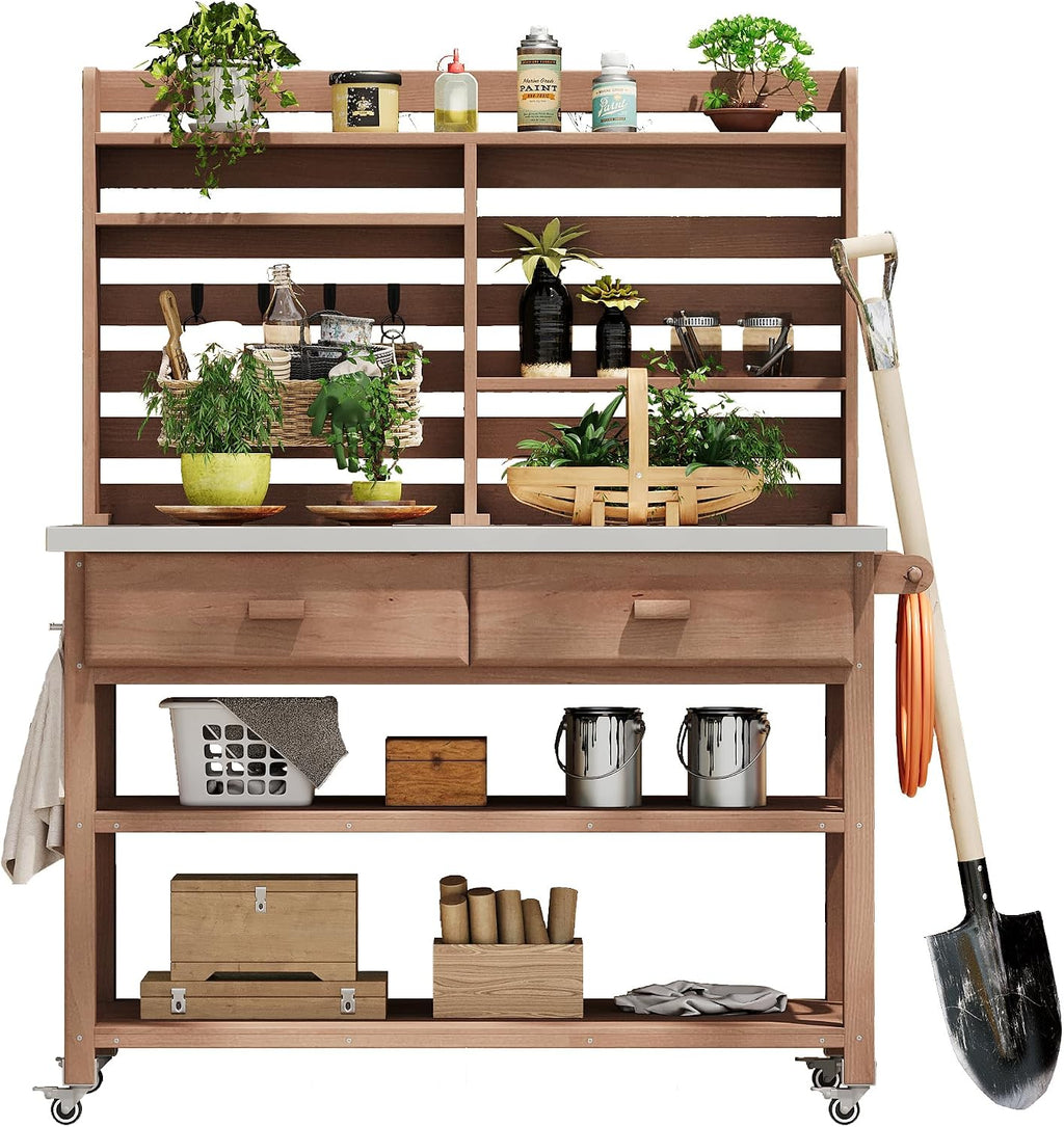 Merax 64.9' H Outdoor Potting Bench Table with Lockable Wheels, Solid Wood Outdoor Kitchen Island with Upper Hutch, Stainless Steel Top, Towel Rack, Outdoor Storage for Grilling, Lawn Garden, Brown