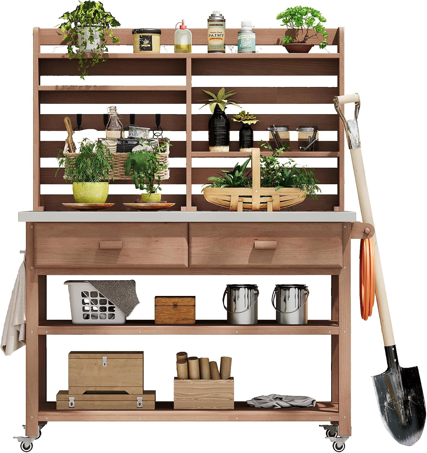 Merax 64.9' H Outdoor Potting Bench Table with Lockable Wheels, Solid Wood Outdoor Kitchen Island with Upper Hutch, Stainless Steel Top, Towel Rack, Outdoor Storage for Grilling, Lawn Garden, Brown