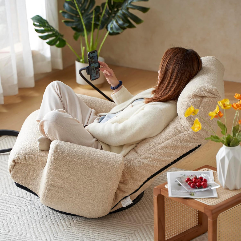 Floor Chair with Back Support, Swivel Gaming Chair with 5 Adjustable Position, Meditation Chair with Phone Holder, Teddy Indoor Lounge Chair for Lazy Boys, Living Room, Bedroom, Lounge, Beige