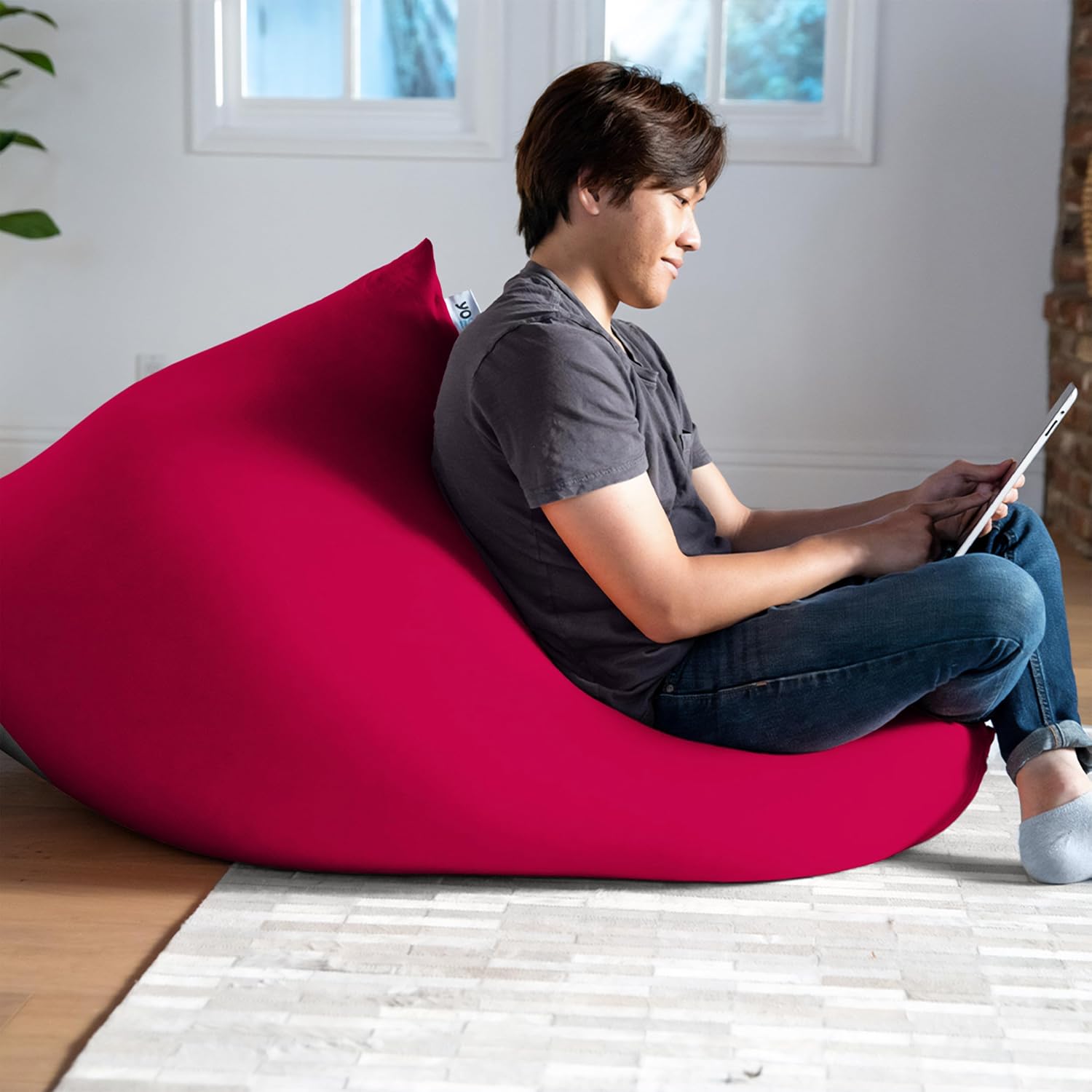 Yogibo Short Bean Bag Lounger Chair for Adults, Kids and Teens with Filling, Soft, Plush, Comfy, Sensory Lounge Beanbag Loveseat, Washable Cover, Red