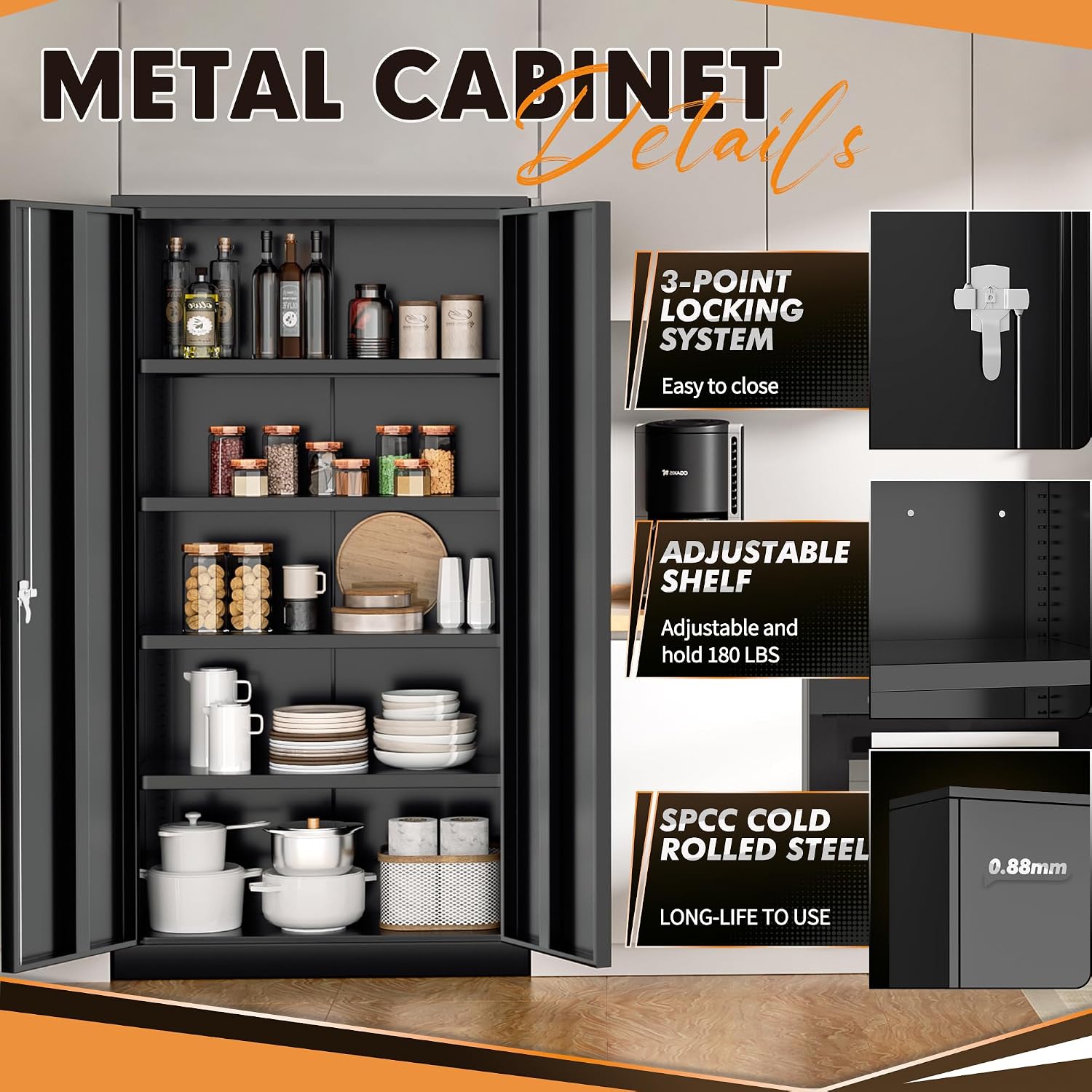 INTERGREAT Metal Storage Cabinet with Shelves, 72' Locking Steel Cabinets with 2 Door and 4 Adjustable Shelves, Tall Metal Cabinet for Home Office, Garage, Warehouse,Black
