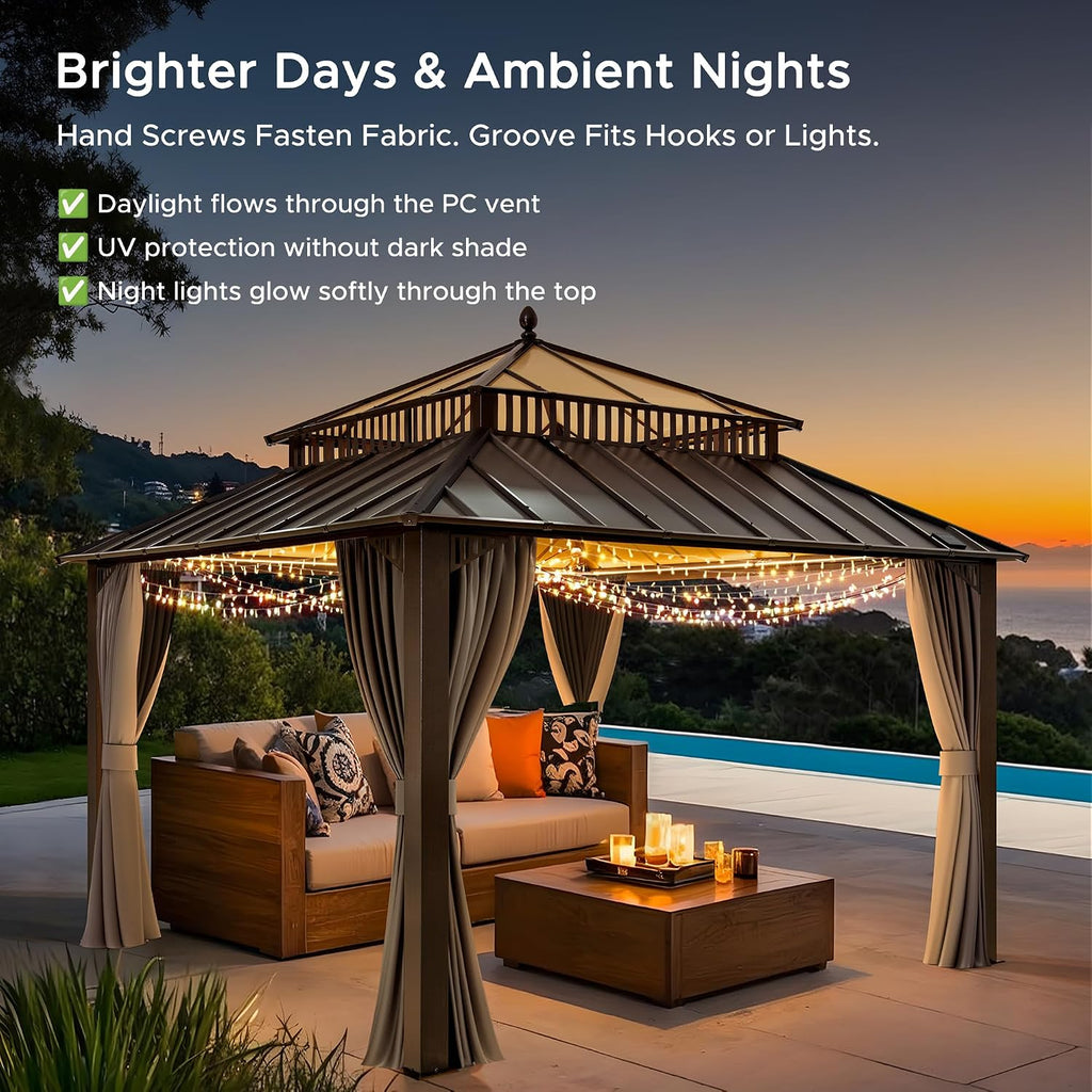 SUNJOY Kingston 12' x 12' Hardtop Gazebo with Galvanized Steel/Polycarbonate Double Roof, Curtain and Netting, Brown Aluminum Posts Permanent Pavilion Gazebo for Garden, Patio, Deck, Lawn