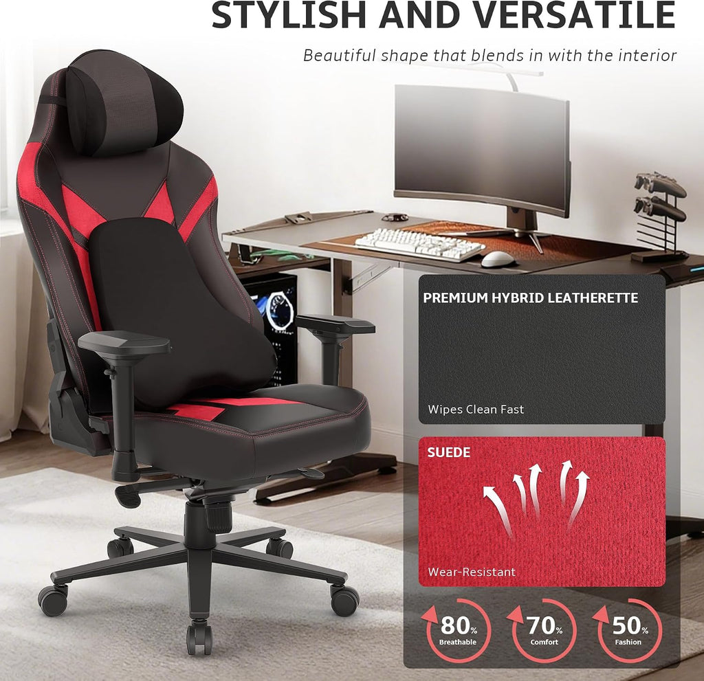 Ergonomic Gaming Chair, Computer Desk Chairs, 4D Armrests, High Back Office Chair with Headrest & Lumbar Pillow, Tilt Rocker Recliner, Heavy-Duty Base, Black PU Leather & Red Suede Combo