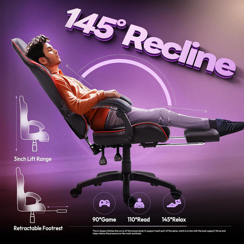 Dowinx Gaming Chair with Massage Lumbar Support and Footrest, Video Game Chair for Adults, Adjustable Ergonomic Gamer Chairs High Back with Pocket Spring Cushion, Swivel Recliner, Black and Red