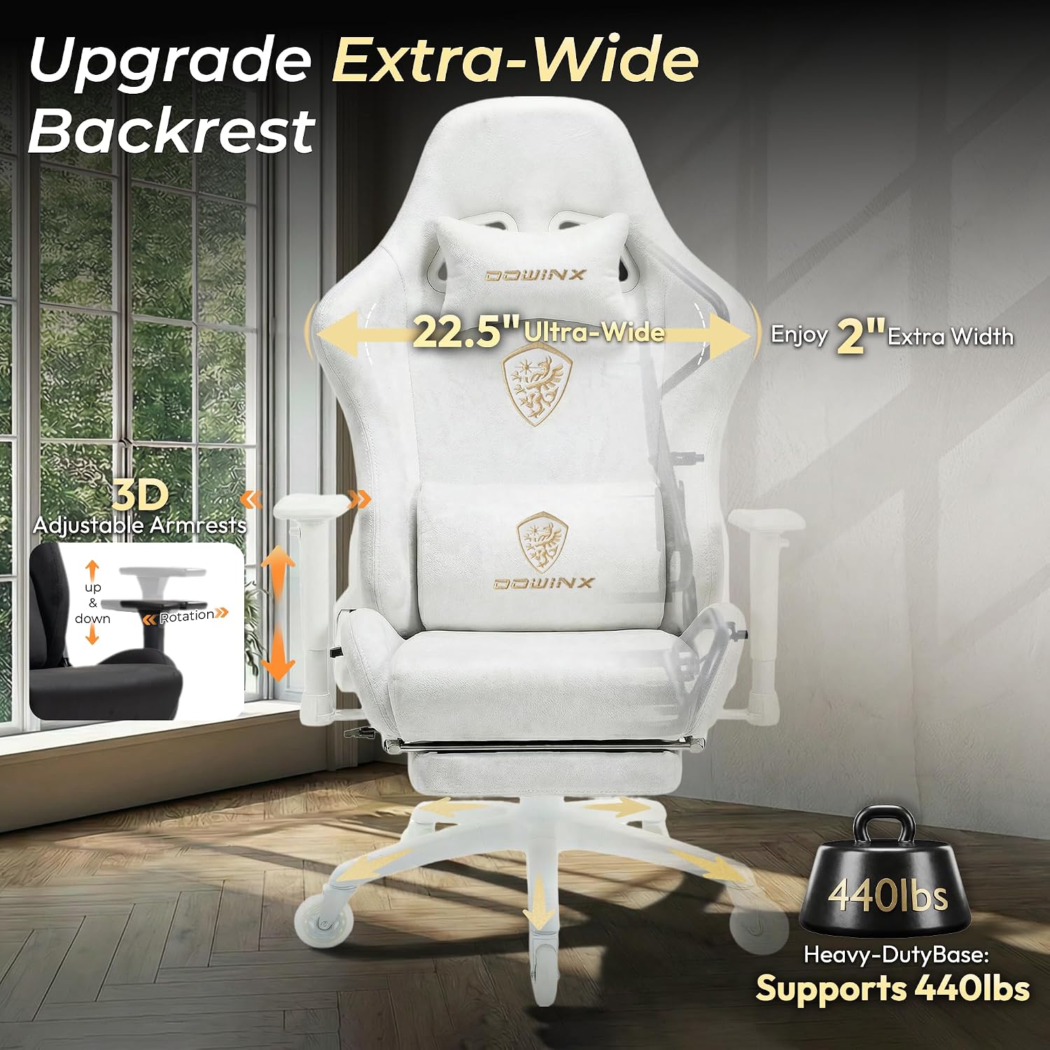 Dowinx Big and Tall Gaming Chair with Suede Fabric Breathable, Game Chairs for Adults with Oversized Thick Seat for 440lbs, Ergonomic Gamer Chair for Streaming & Long Gaming Sessions, White