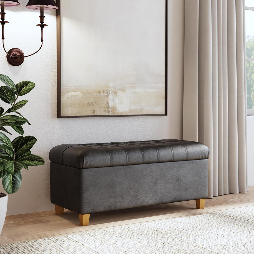Homepop Home Decor | Button Tufted Storage Bench | Ottoman Bench with Storage for Living Room & Bedroom, Black Faux Leather