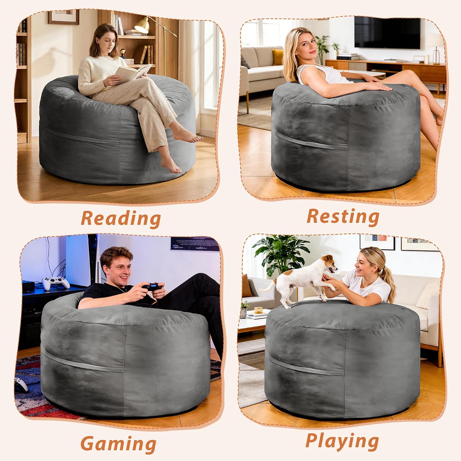 4FT Bean Bag Chair, Bean Bag Chairs for Adults and Kids, Fluffy and Comfy Bean Bag with Velvet Cover, Bean Bag with Memory Foam Filled for Gaming, Living Room, Playroom (Grey)