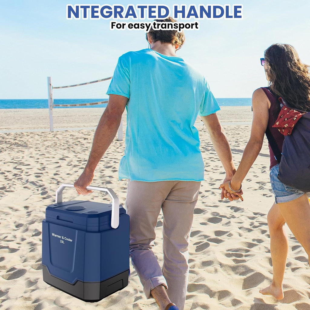 GarveeTech 35 QT (33 L) Electric Cooler & Warmer, Portable Car Refrigerator With Automatic Locking Handle, 12V Car Cooler for Vehicle & Trucks, 110V AC Home Power Cord, Plug In Coolers,Blue