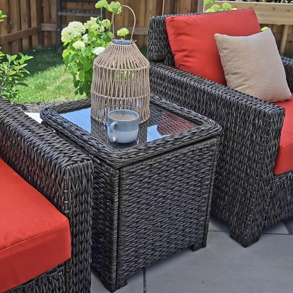 Classic Outdoor Storage Side Table, Weather-Resistant HDPE Rattan Wicker Patio Coffee Table w/Tempered Glass Flip Top for Porch Pool, Dark Brown
