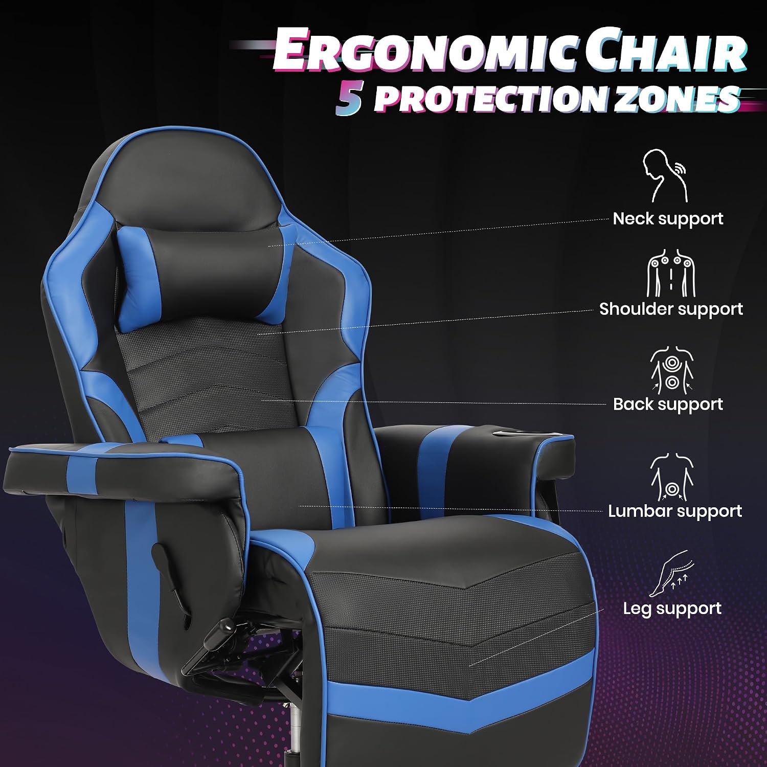 Game Reclining Chair with Adjustable Height, PU Gaming Chair with Massage, Long Footrest and Lumbar Support, High Back Swivel Computer Game Chair for Adult(Blue)