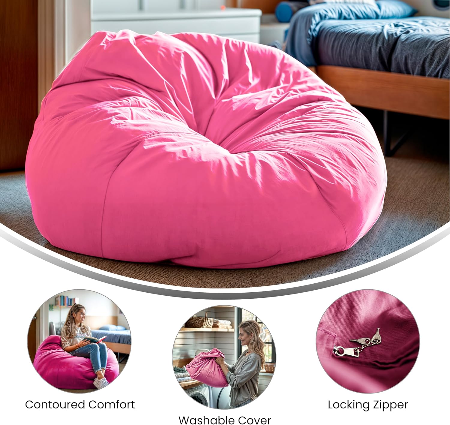 Flash Furniture Duncan Oversized Bean Bag Chair for Kids and Adults, Foam-Filled Beanbag Chair with Machine Washable Cover, Light Pink