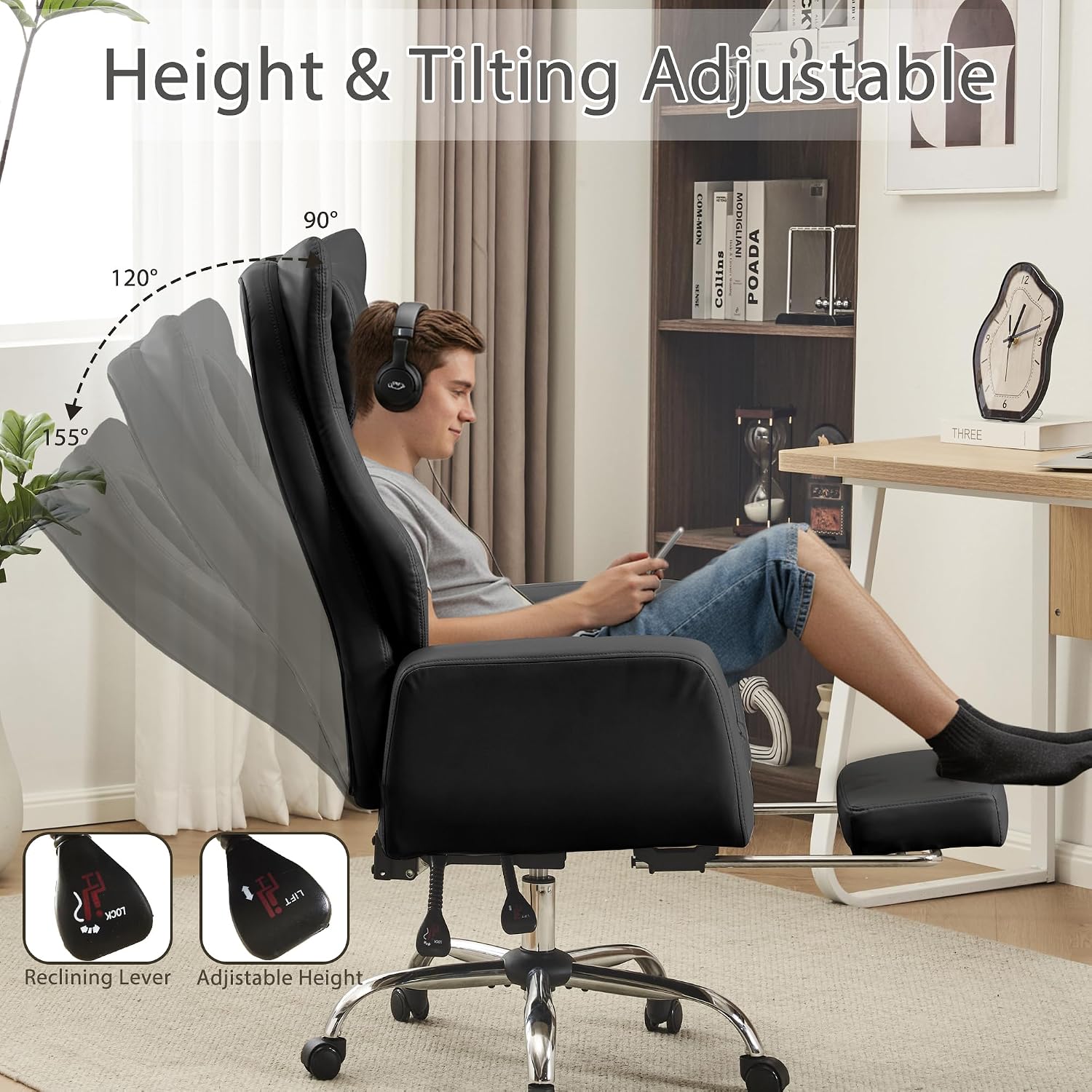 Ergonomic Cross Legged Office Chair with Footrest,Big and Tall Leather Executive Chair with Reversible Armrest,Lumbar Pillow and Wheels,155° Reclining Computer Wide Desk Chair for Home,Office (Black)