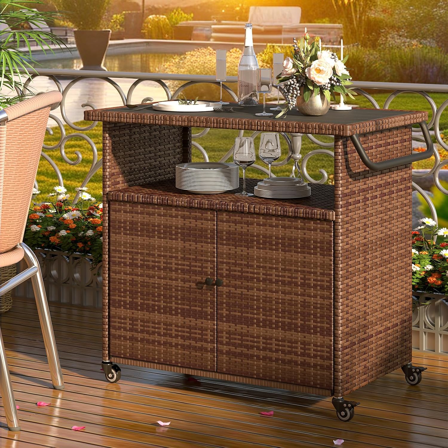Wicker Outdoor Storage Cabinet with Wheels, Patio Grill Tables for Outside, Outdoor Storage Cabinet for Garden Buffets, Parties, Poolside Gatherings in Brown