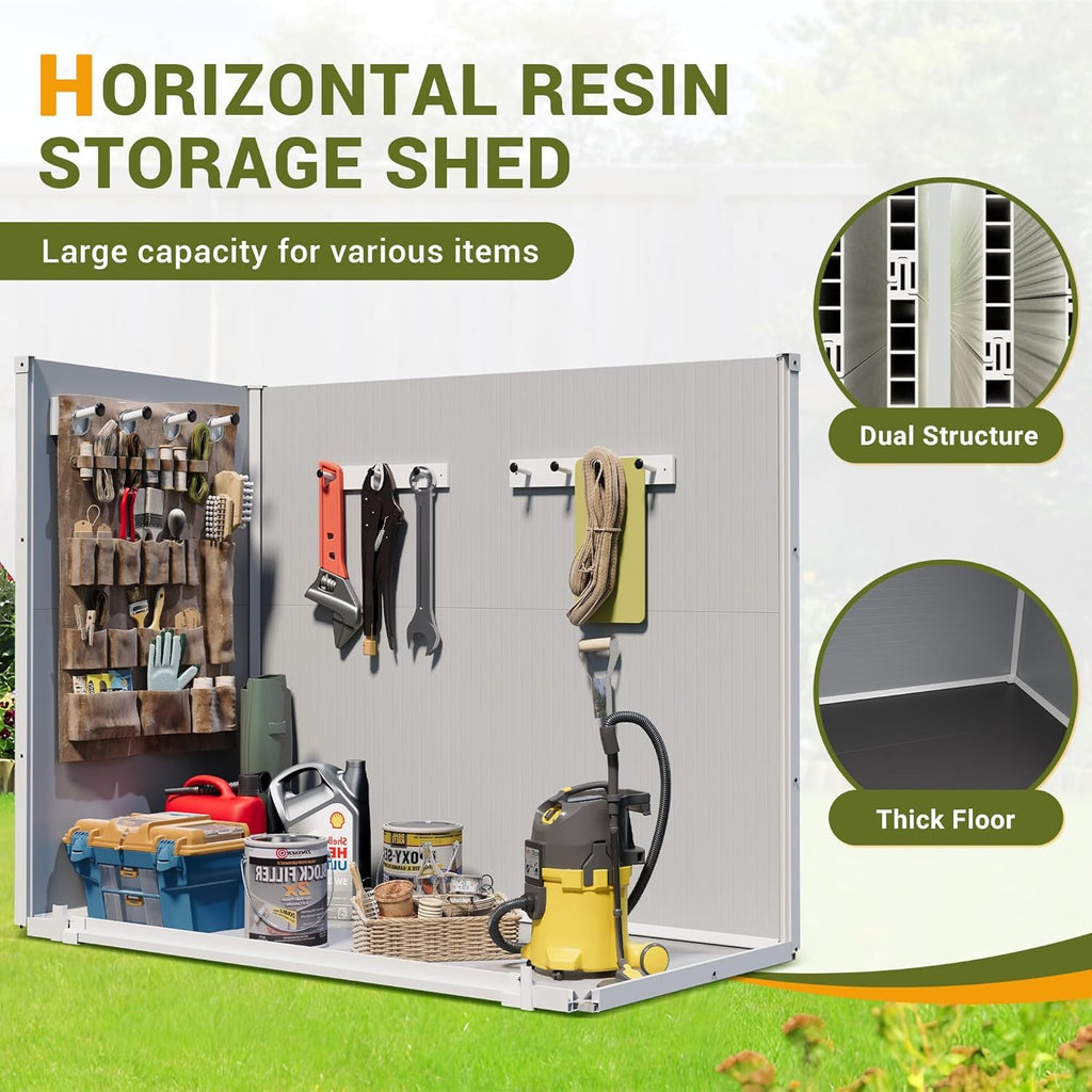 Storage Shed Outdoor Plastic Garden Shed Tool Resin Shed with Floor Waterproof Horizontal Storage Deck Box Outside Storage Container with Lockable Door for Patio（Light Grey）