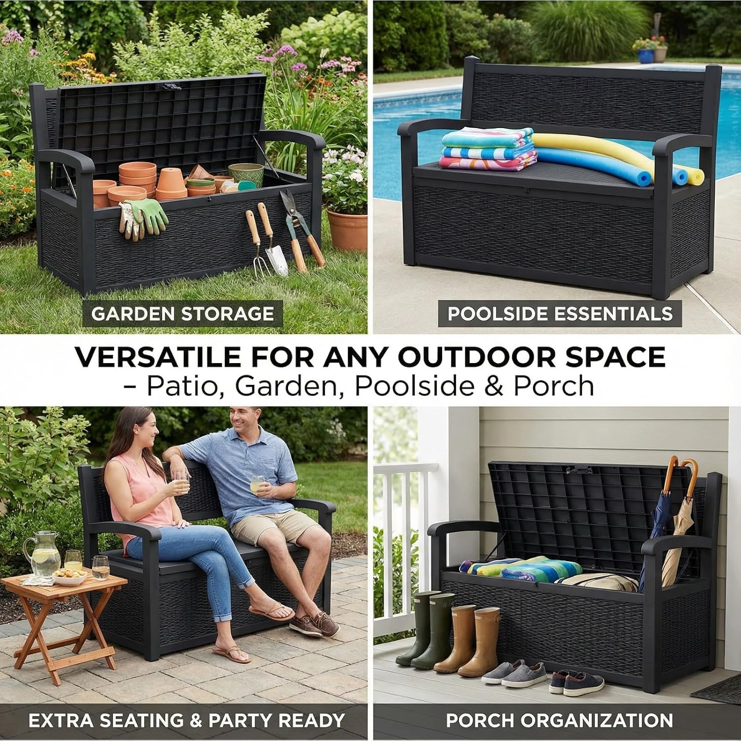 80 Gallon Outdoor Storage Bench, Waterproof Patio Deck Box with Lockable Lid for Garden & Porch, All-Weather Resin Furniture for Cushions, Tools, Pool Accessories