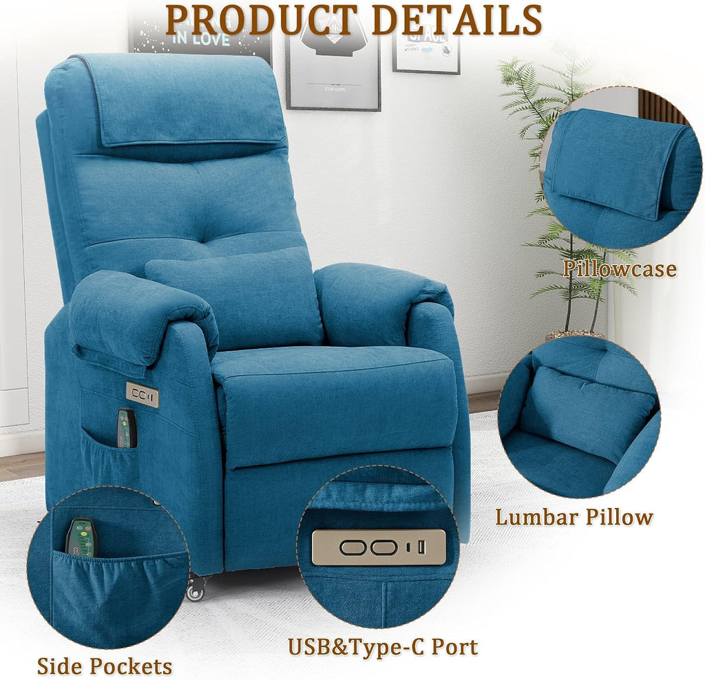 Korser Adult Electric Recliner, Roller Recliner for Small Spaces, Electric Chair with Massage and Heating Functions, USB and Type-C Charging Ports, Fabric Recliners for Living Room and Bedroom