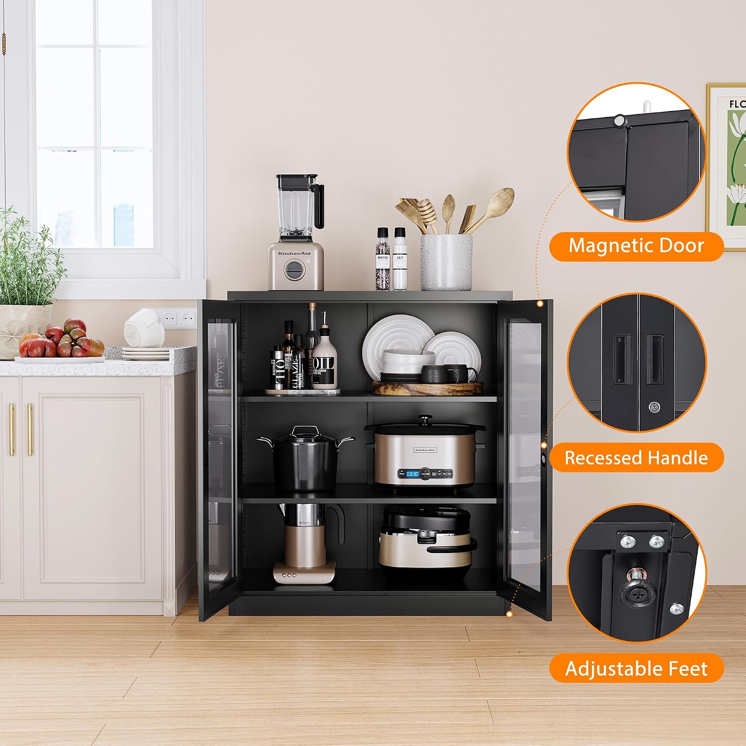 Lockable Display Cabinet with Acrylic Doors and Adjustable Shelves, Metal Storage Cabinet Curio Liquor Cabinet, Display Case Bookcase for Home Office, Pantry(Black)