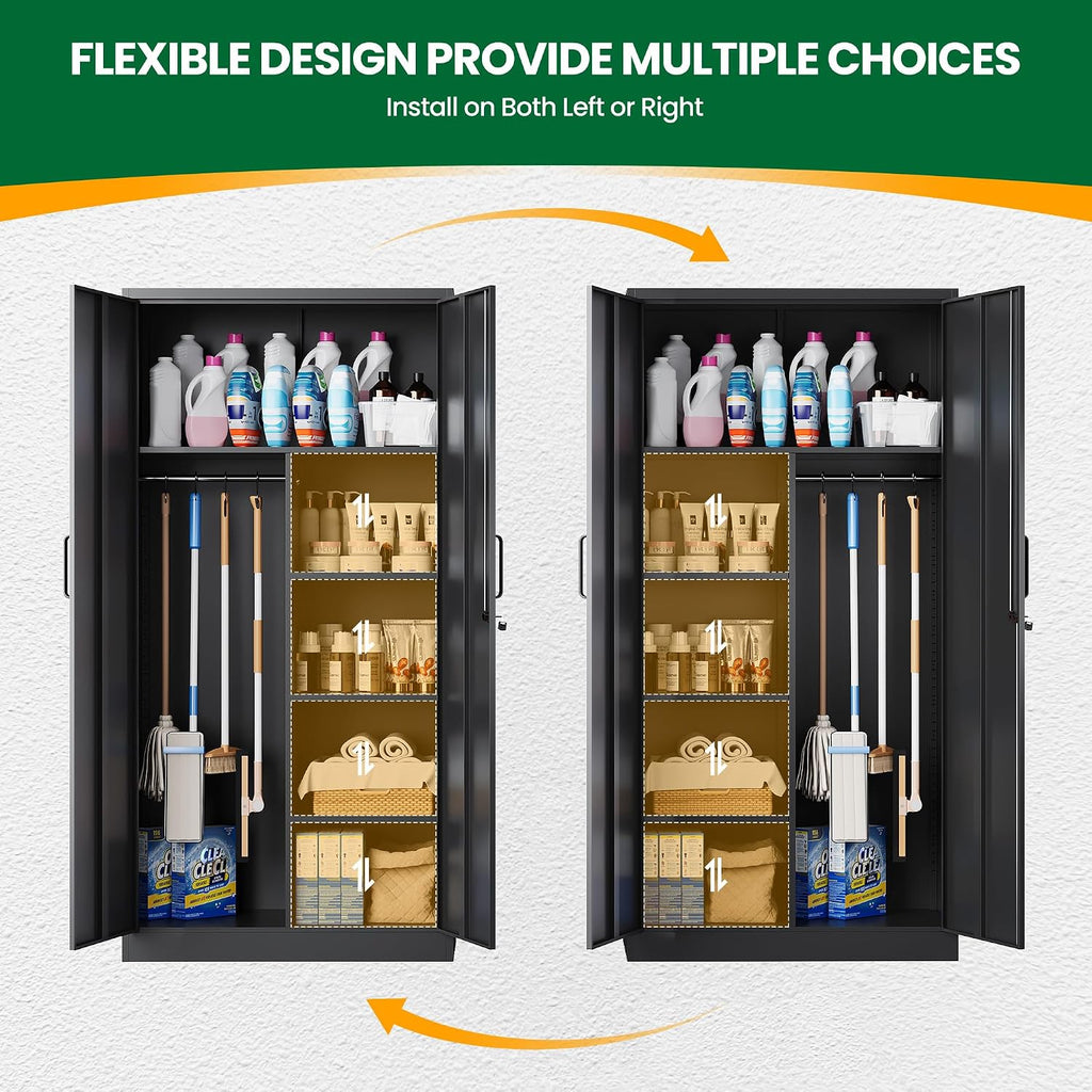 72' H Metal Garage Storage Cabinets, Lockable Broom Closet Cabinet with Hanging Rod & Doors, 5-Tier Steel Utility Cabinets for Garage, Laundry Room, Warehouse Storage, Black