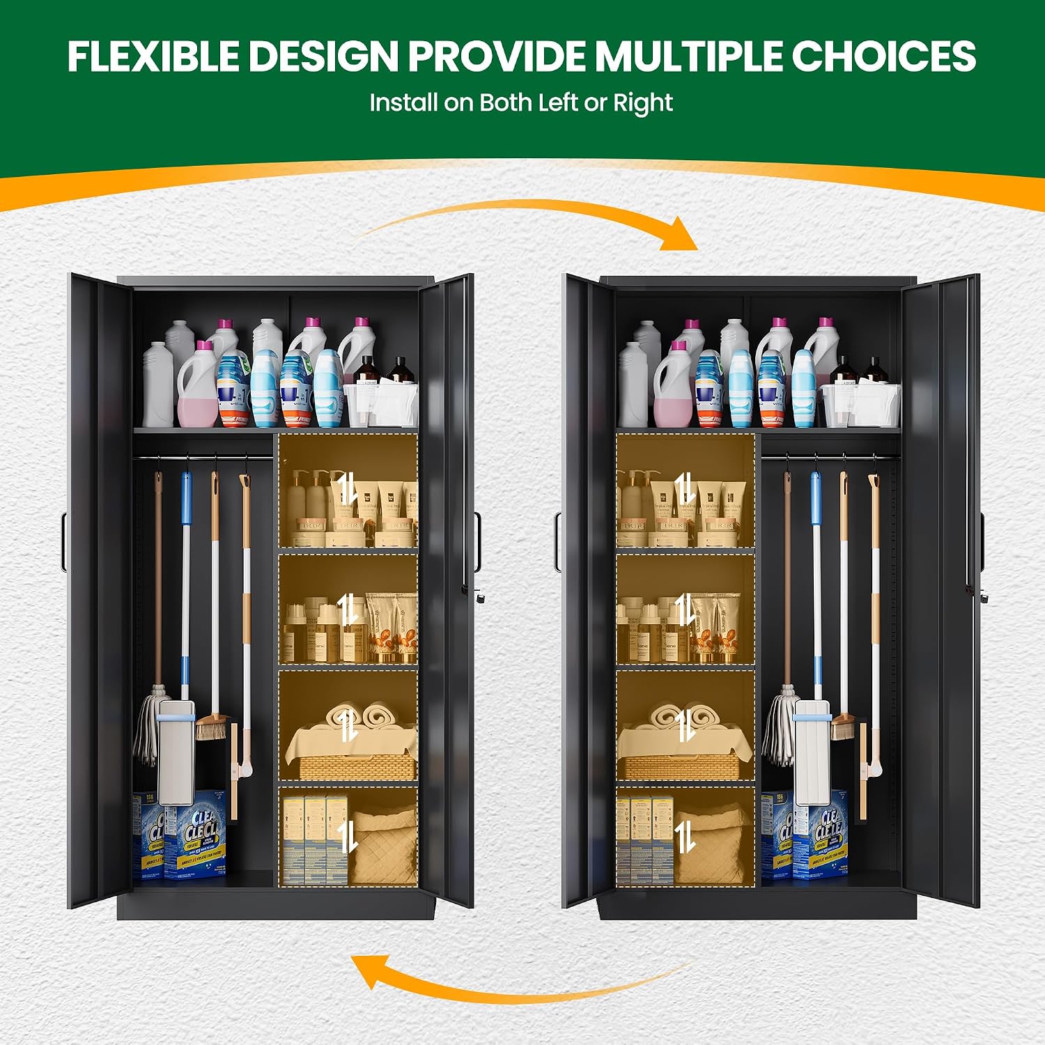72' H Metal Garage Storage Cabinets, Lockable Broom Closet Cabinet with Hanging Rod & Doors, 5-Tier Steel Utility Cabinets for Garage, Laundry Room, Warehouse Storage, Black