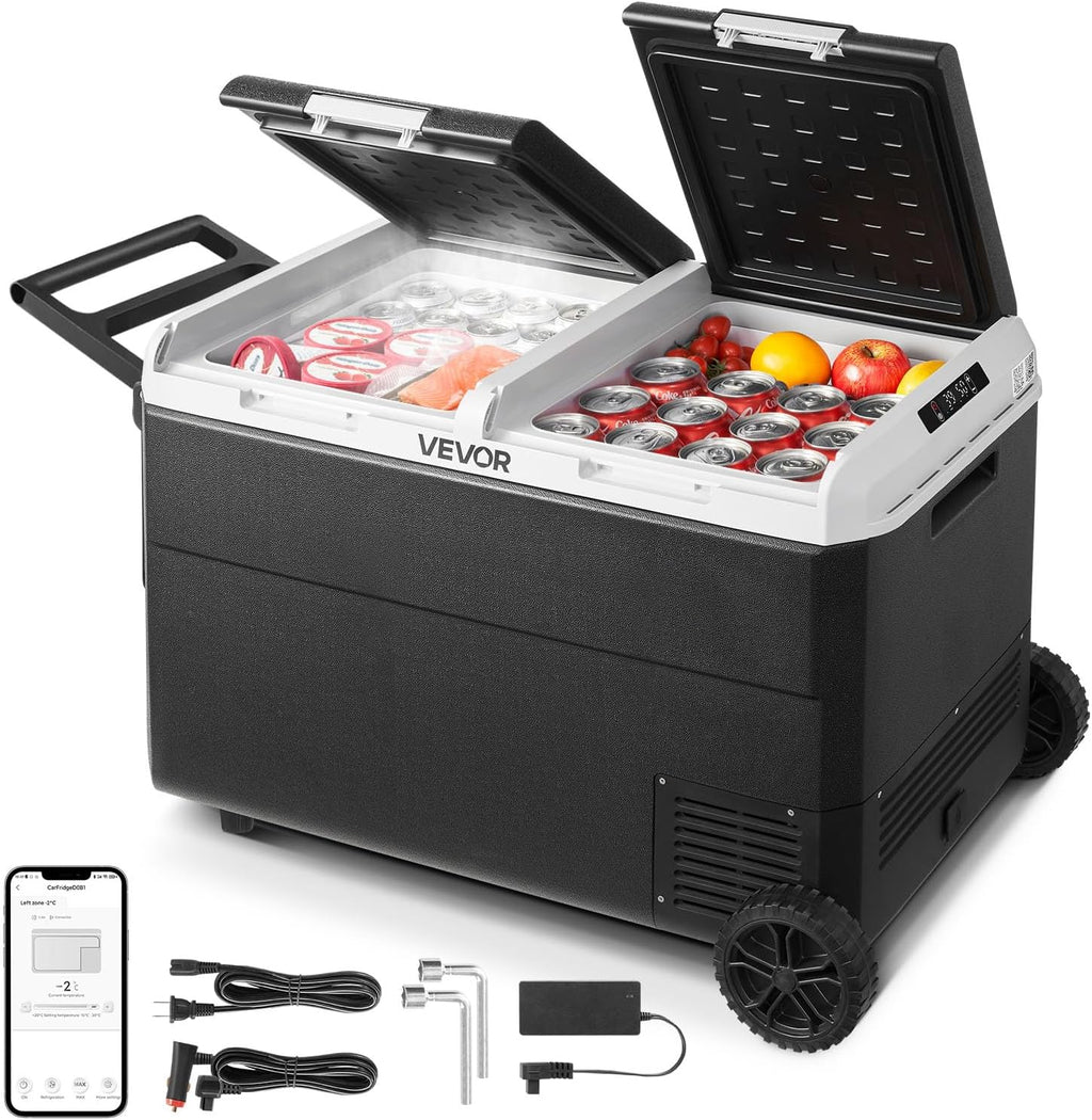 VEVOR 12 Volt Car Refrigerator, 100.4QT/95L Car Fridge, Dual Zone Portable Electric Cooler with Wheels and Handle, -4℉~68℉, 12/24V DC 100-240V AC Compressor Freezer for Outdoor, Camping, Travel, RV