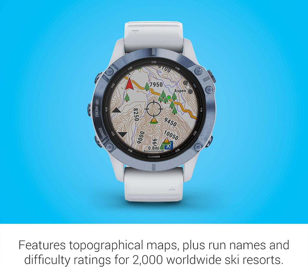 Garmin fenix 6 Pro Solar, Multisport GPS Watch with Solar Charging Capabilities, Advanced Training Features and Data, Mineral Blue with White Band (Renewed)