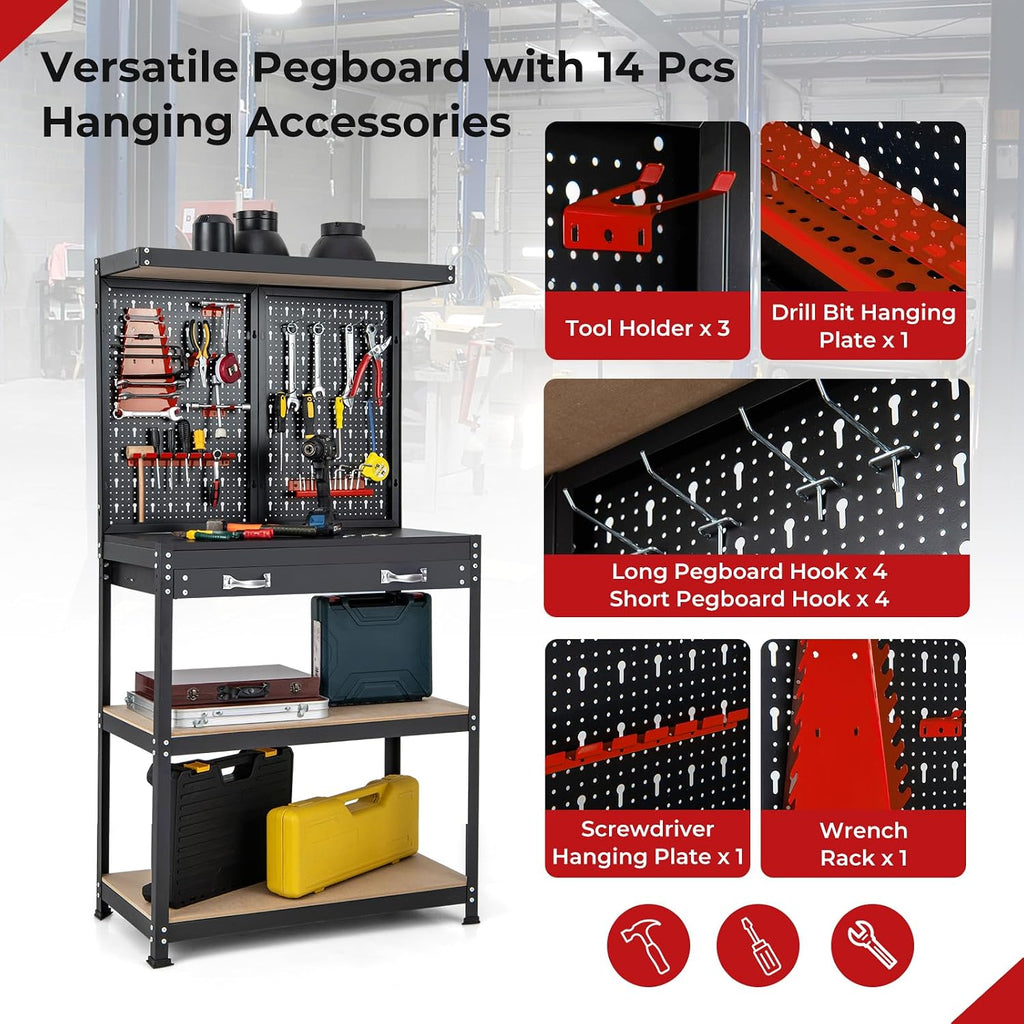 Goplus Workbench, Work Table with Drawer, Pegboard, Hanging Accessories, Topping Space, 4-Tier Heavy Duty Metal Tool Storage Bench, Work Benches for Garage, Workshop (Red, 32' x 16' with Drawer)