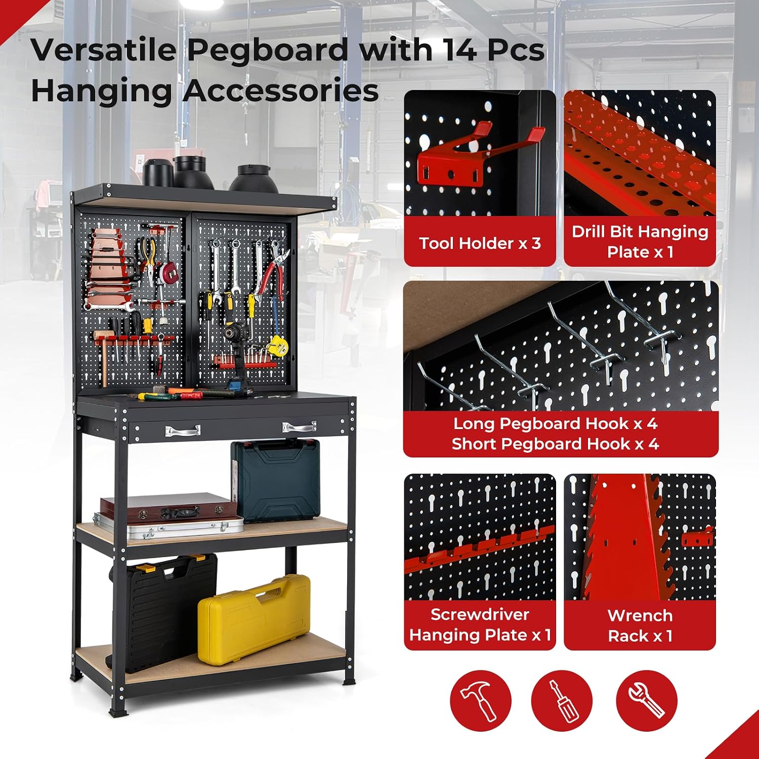 Goplus Workbench, Work Table with Drawer, Pegboard, Hanging Accessories, Topping Space, 4-Tier Heavy Duty Metal Tool Storage Bench, Work Benches for Garage, Workshop (Red, 32' x 16' with Drawer)