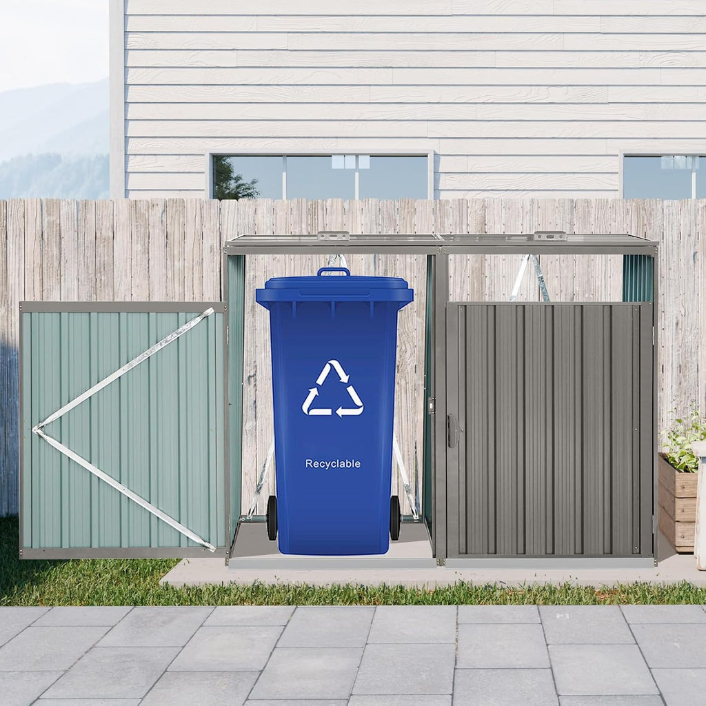 Outdoor Trash Can Storage, Storage Shed for 2 Trash cans and Tools,Waterproof Garbage Bin shed,Metal Trash Can Storage Shed Outdoor for Garden Yard(Light Grey-2 Doors)